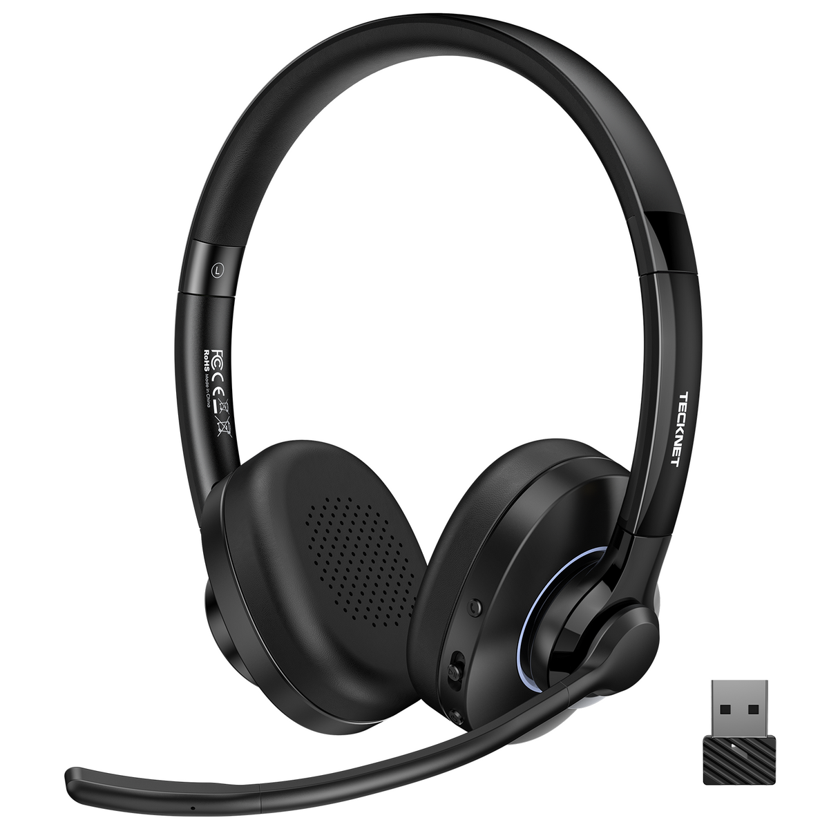 TECKNET Bluetooth Headset with AI Noise Cancellation, Bluetooth 6.0, USB-A, 50H Playtime, Mute & Mic, Wireless On-Ear Headphones