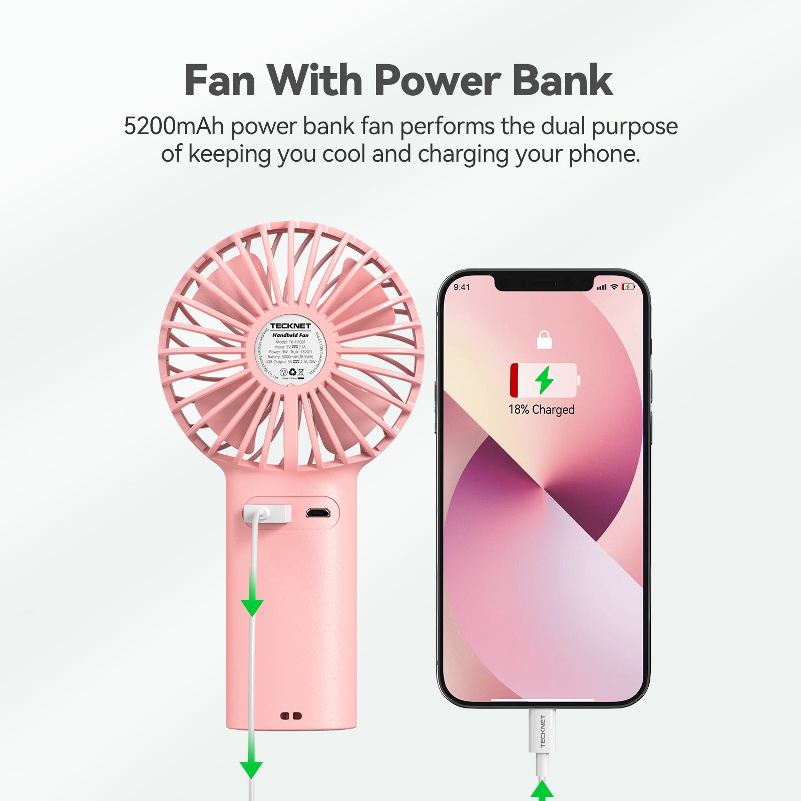 TECKNET Handheld Fan, 2-in-1 Mini Fan with Rechargeable 5200mAh Power Bank