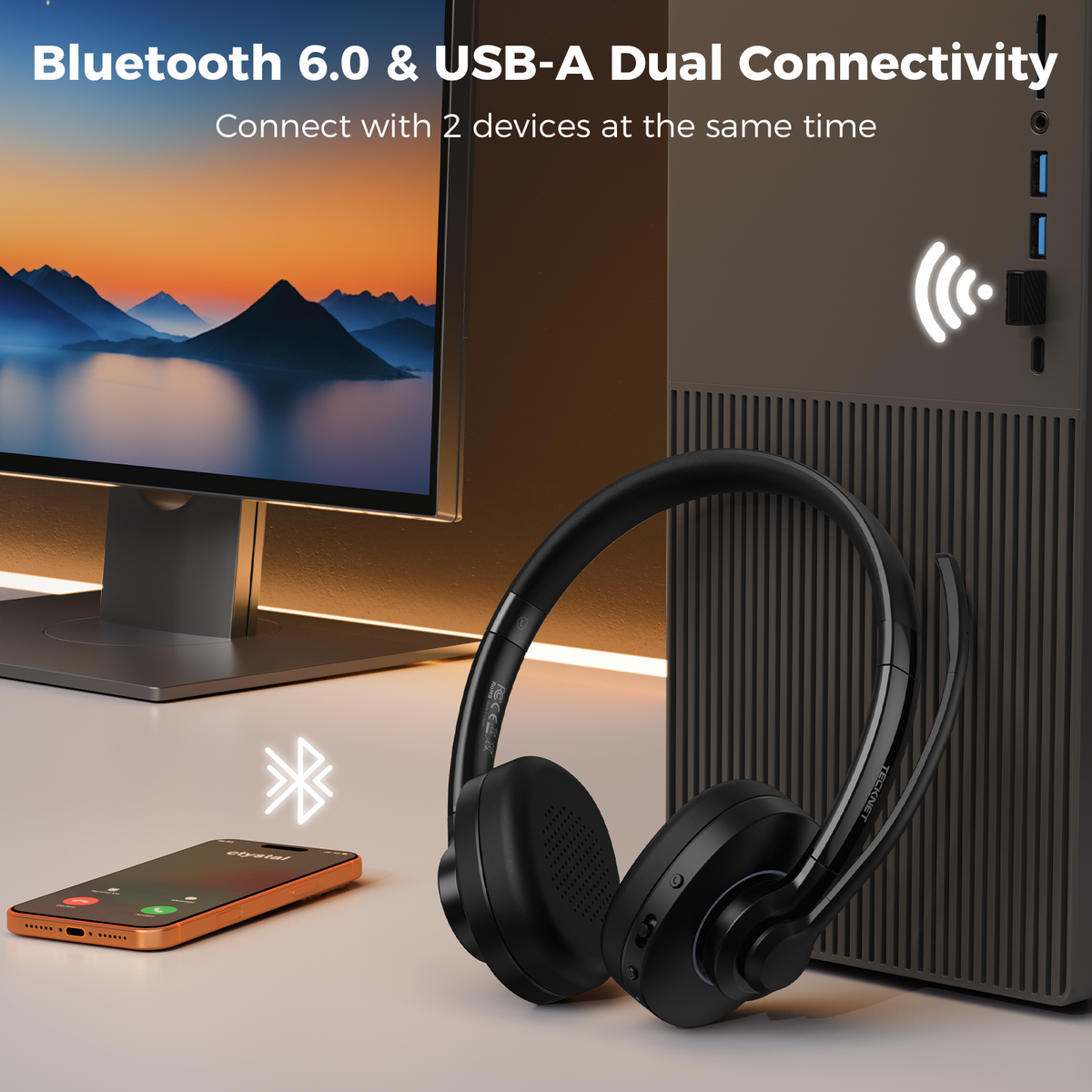 TECKNET Bluetooth Headset with AI Noise Cancellation, Bluetooth 6.0, USB-A, 50H Playtime, Mute & Mic, Wireless On-Ear Headphones