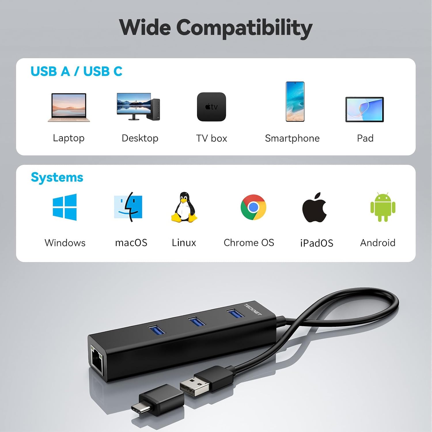 TECKNET USB C Hub, Aluminum 3 Port USB Hub 3.0, 4 in 1 USB Splitter