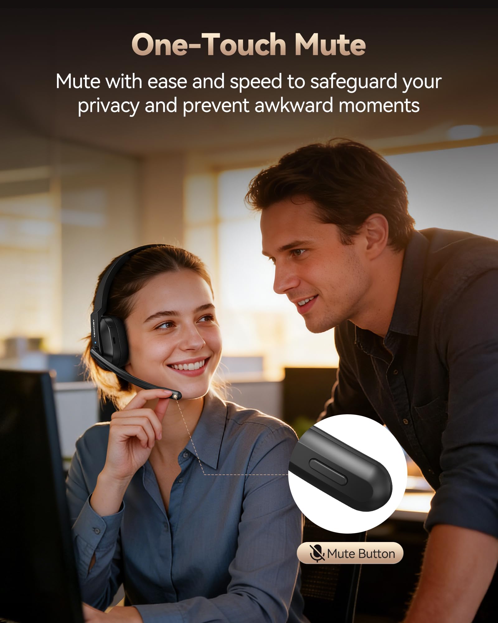TECKNET Bluetooth Headset, Wireless Headset with Microphone Noise Cancelling & USB A Dongle