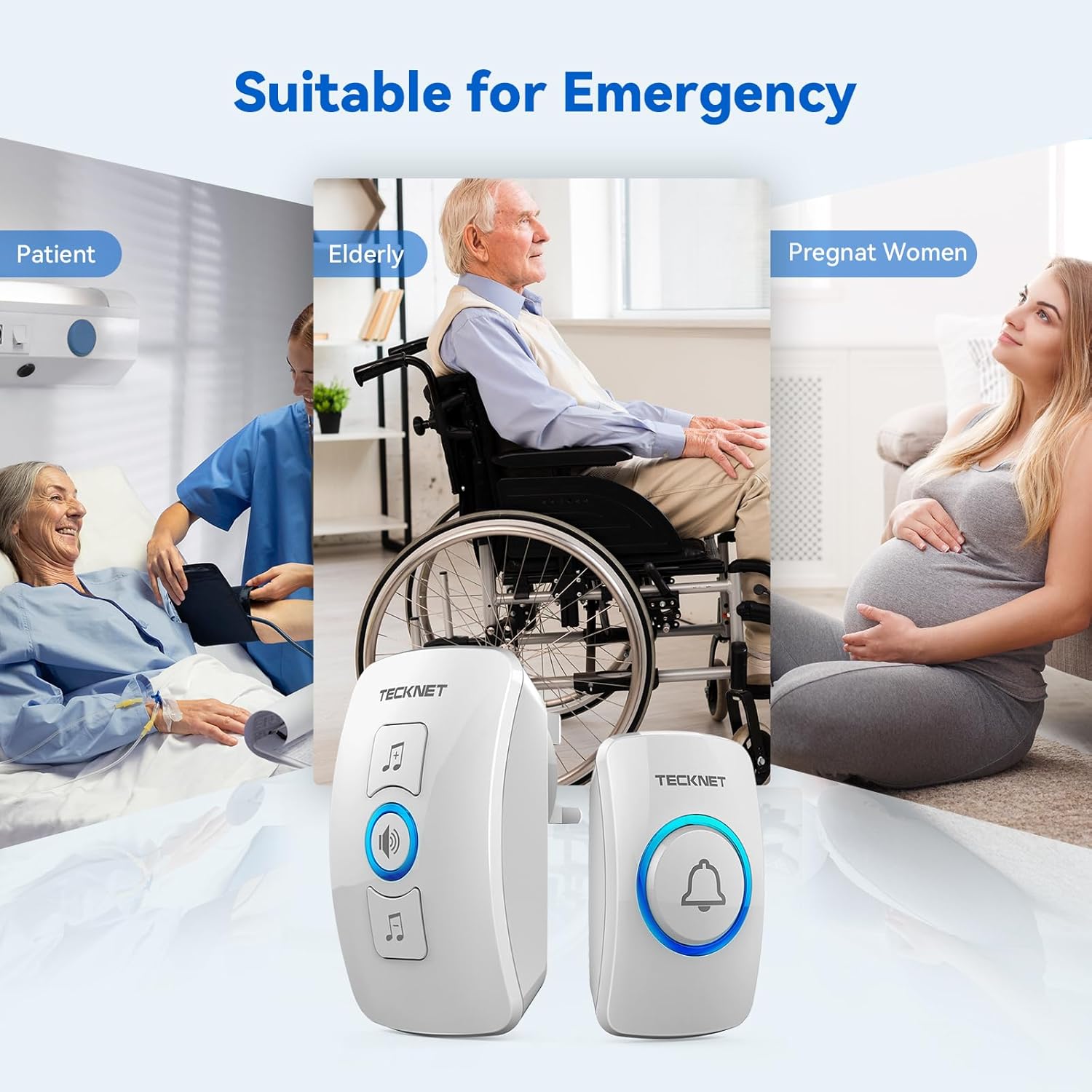 TECKNET Wireless Doorbell, IP65 Waterproof Wall Plug-in Door Bells Wireless Cordless Chime Kit