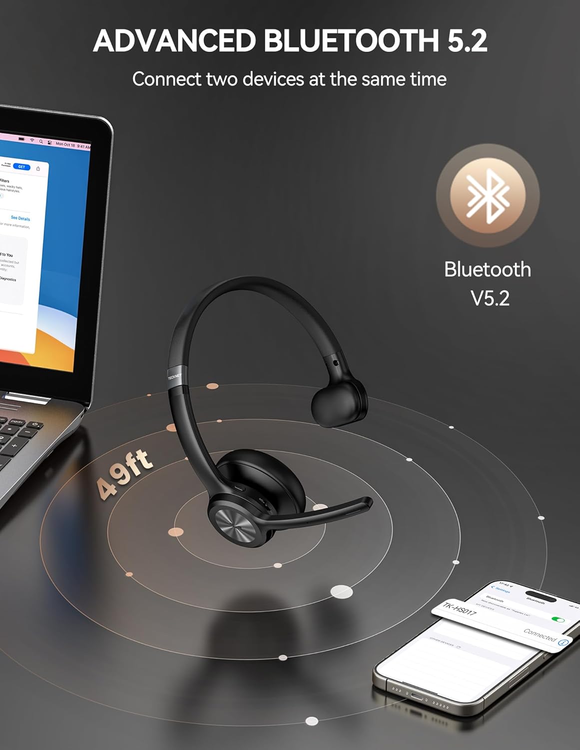 TECKNET Bluetooth Headset with Microphone Noise Cancelling