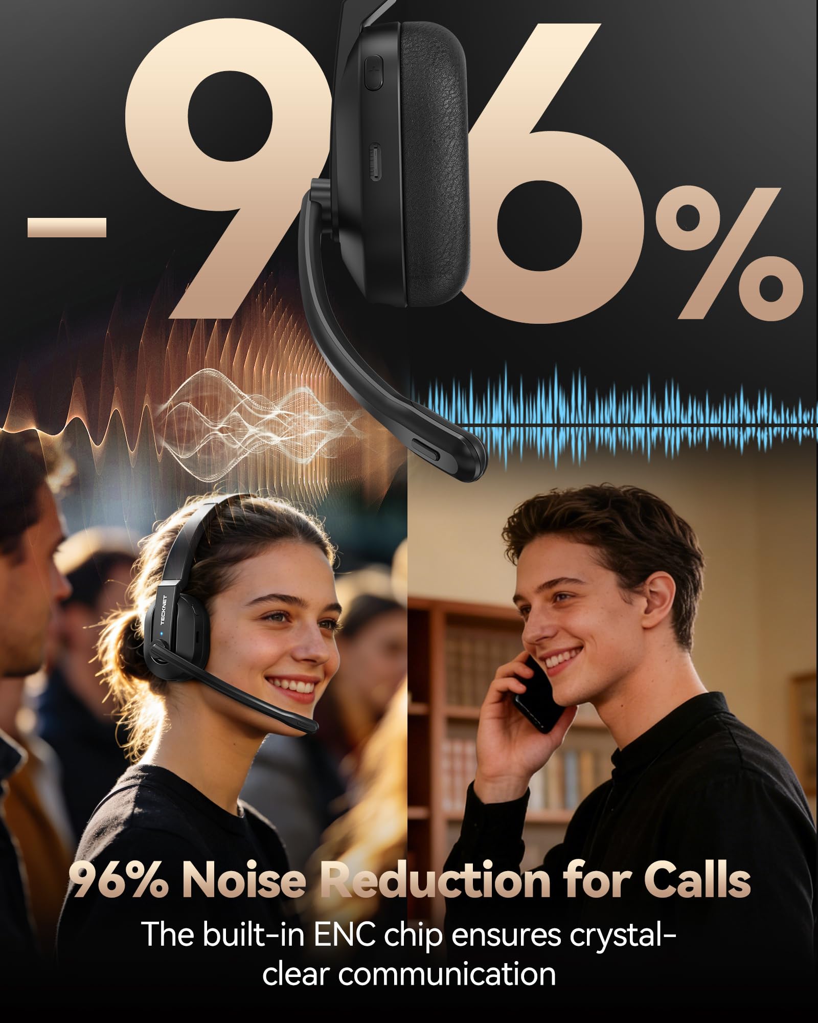 TECKNET Bluetooth Headset, Wireless Headset with Microphone Noise Cancelling & USB A Dongle