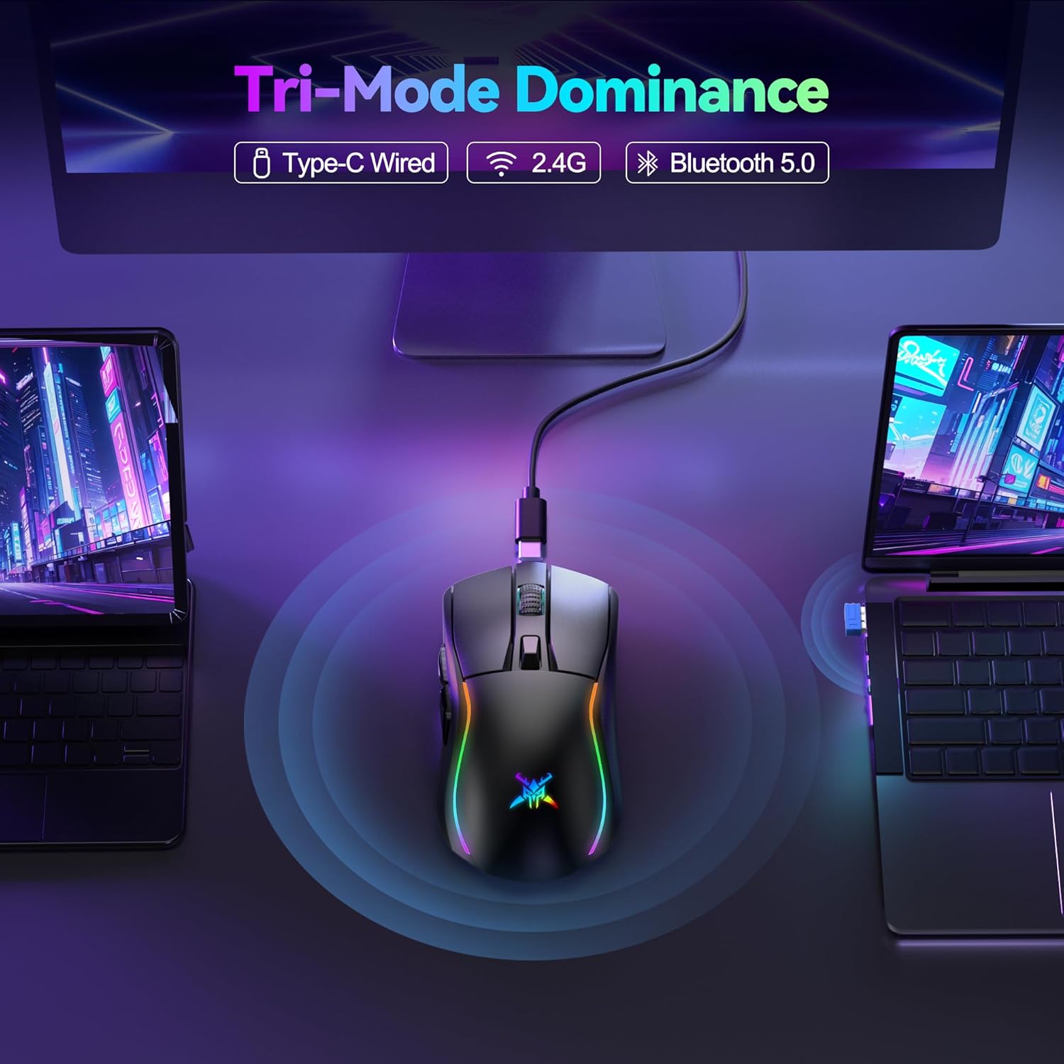 TECKNET Wireless Gaming Mouse with Tripe-Mode 2.4GHz / USB C/Bluetooth Mouse Up to 24,000DPI