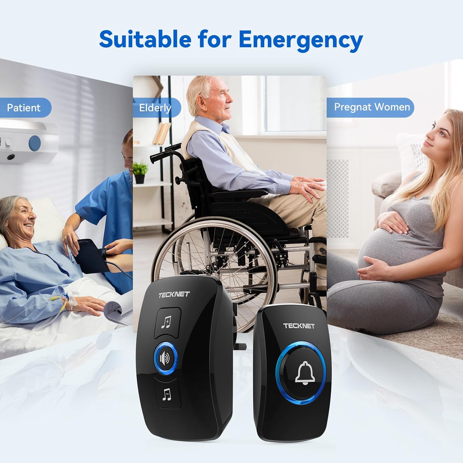 TECKNET Wireless Doorbell, IP65 Waterproof Wall Plug-in Door Bells Wireless Cordless Chime Kit