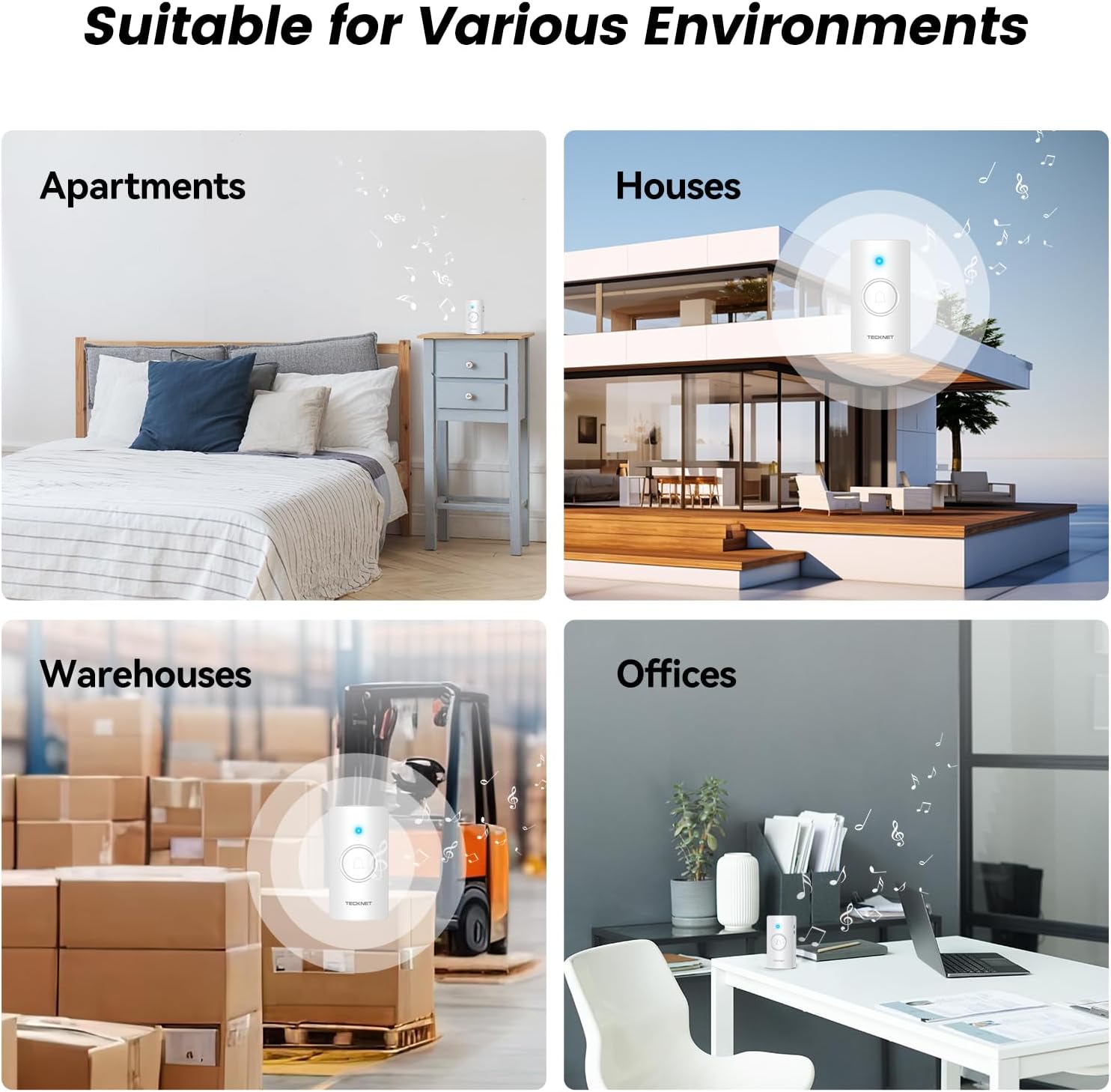 TECKNET Wireless Doorbell, Door Bells Wireless IP65 Waterproof Battery Operated Cordless Door Chime Kit