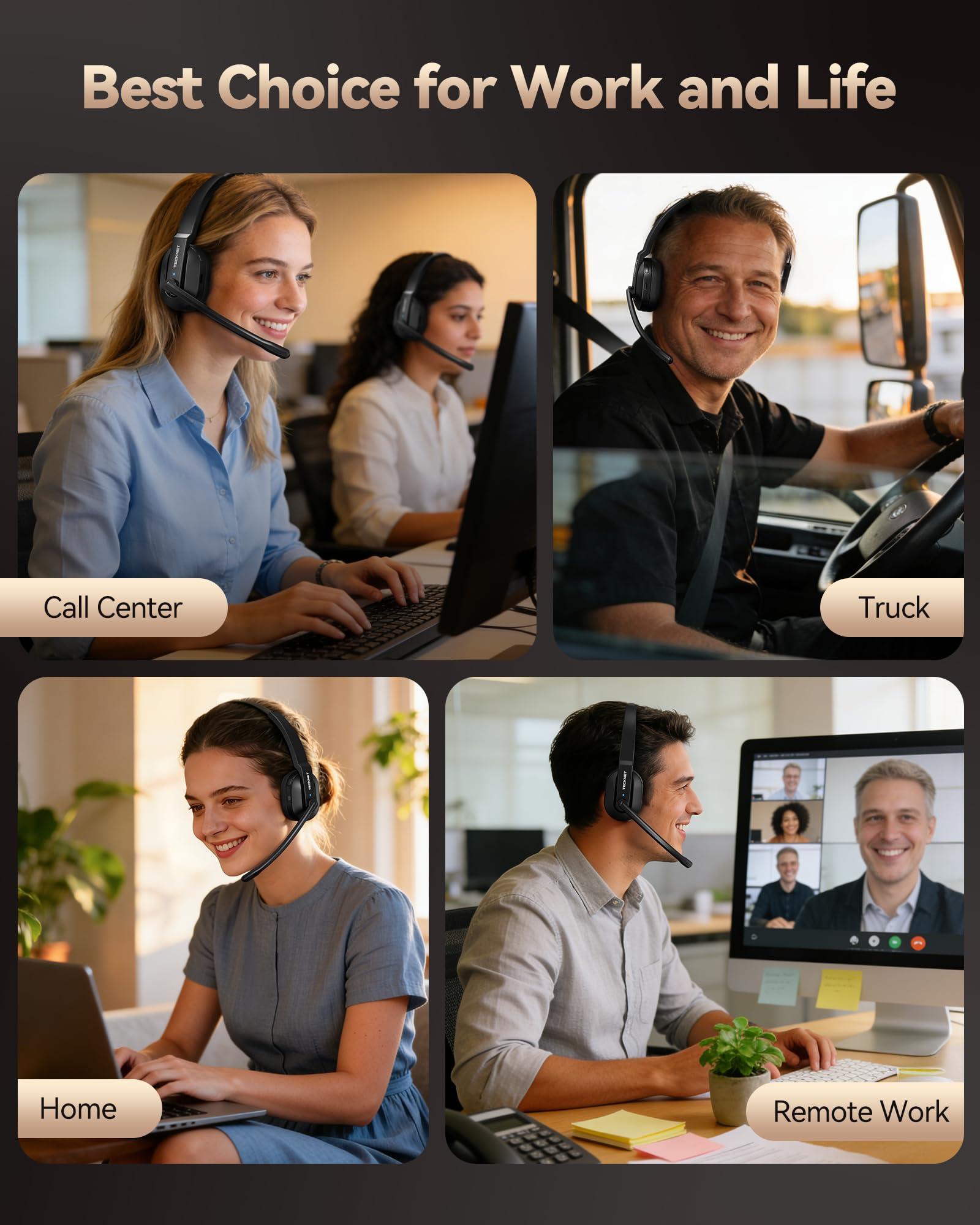 TECKNET Bluetooth Headset, Wireless Headset with Microphone Noise Cancelling & USB A Dongle