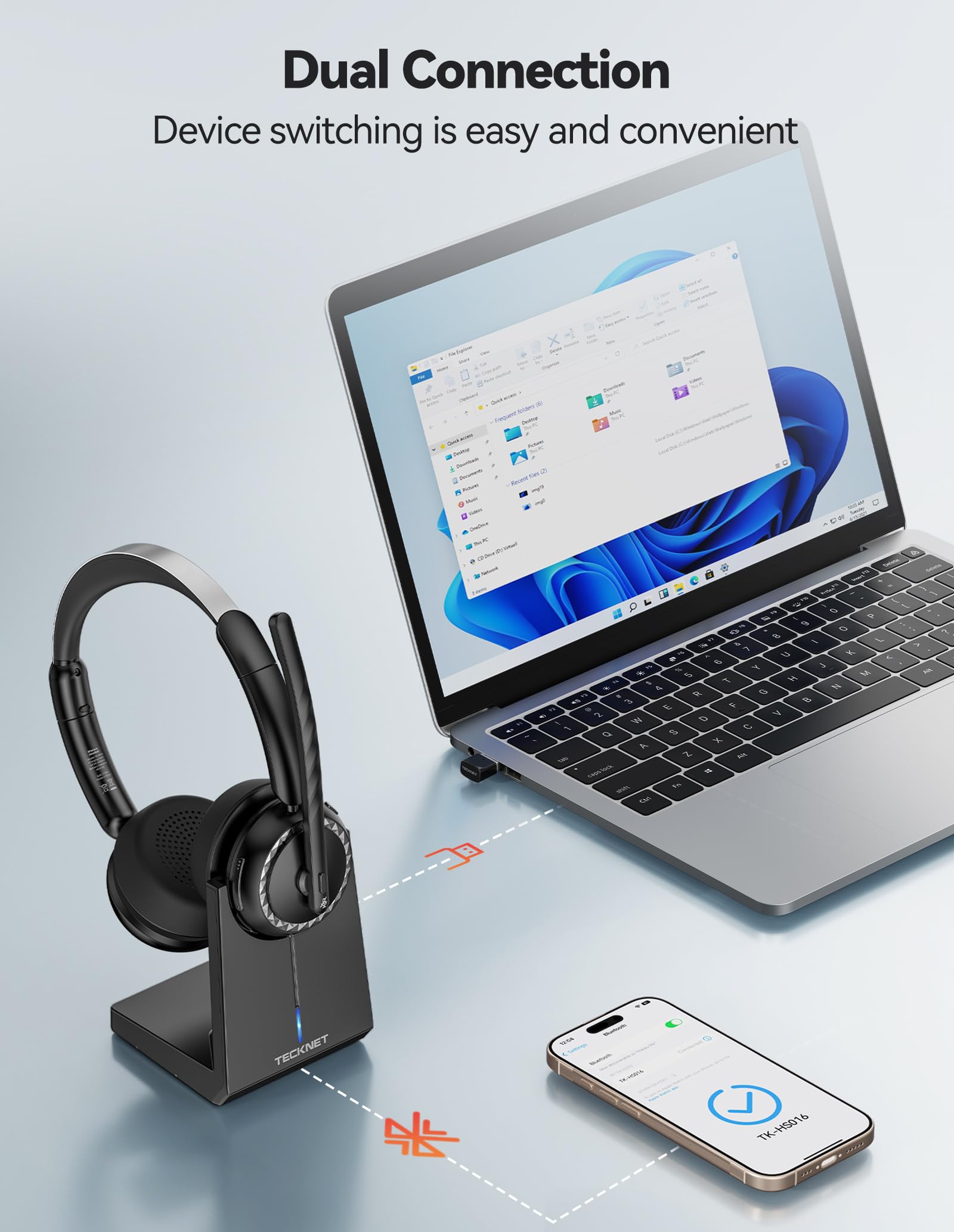 TECKNET Wireless Headset, 5.3 Bluetooth Headset with Noise Cancelling Mic