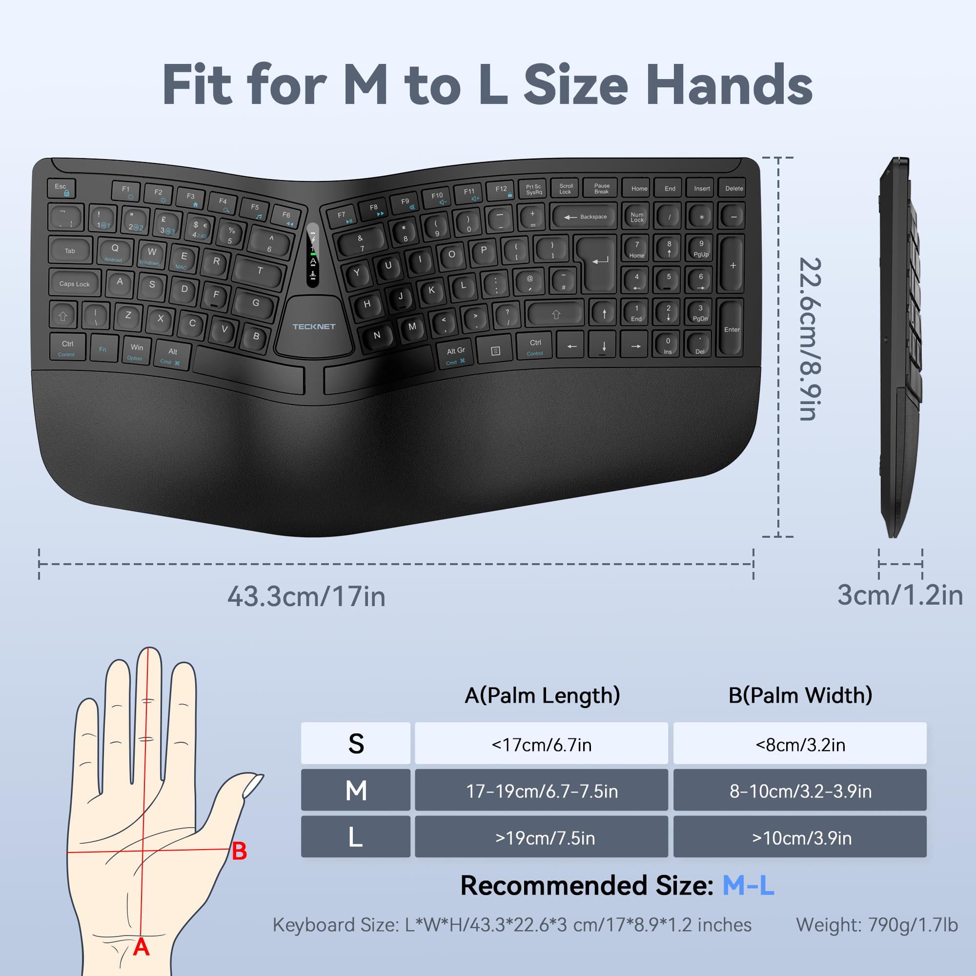 TECKNET Wireless Ergonomic Keyboard, 2.4G USB & Bluetooth Rechargeable Keyboard