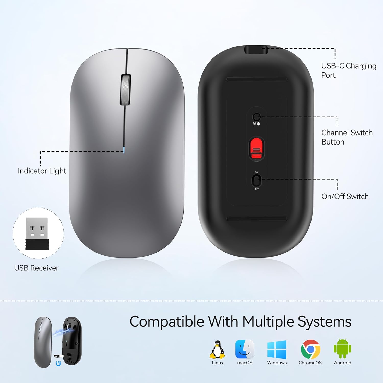TECKNET Rechargeable Wireless Mouse, Bluetooth Mouse with Triple Mode (Dual BT+2.4G)