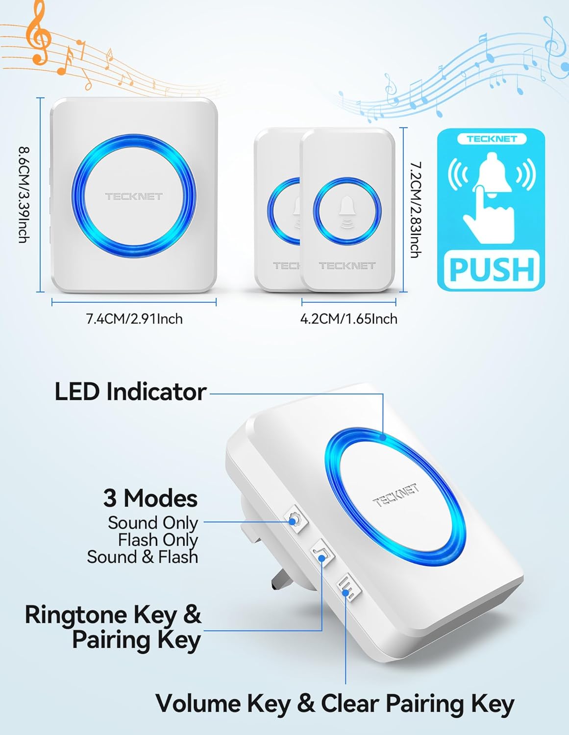 TECKNET Wireless Doorbell with 2 Push Buttons, Cordless IP65 Waterproof Door Bells Chime Kit