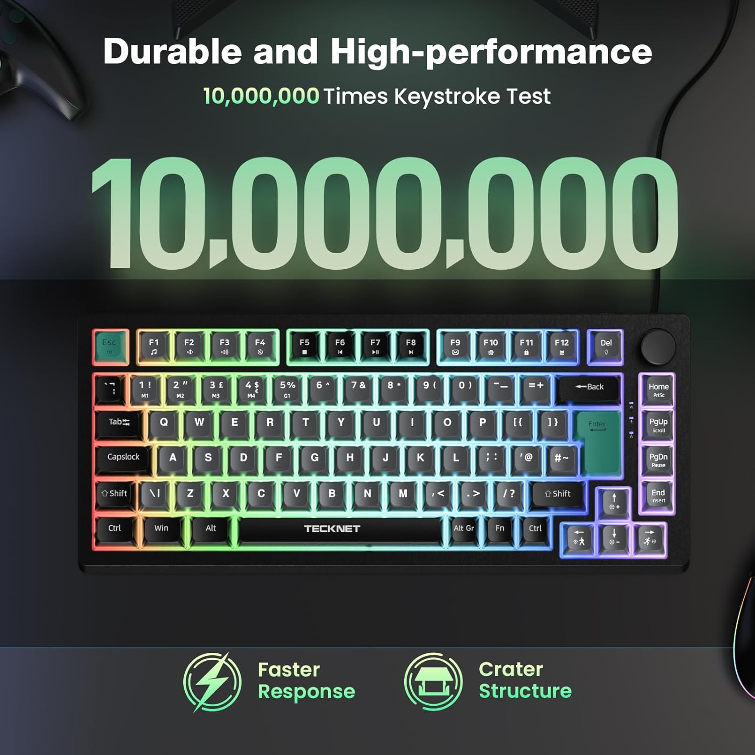 TECKNET RGB Gaming Keyboard,Compact 83 Keys Wired Keyboard with Volumn Knob