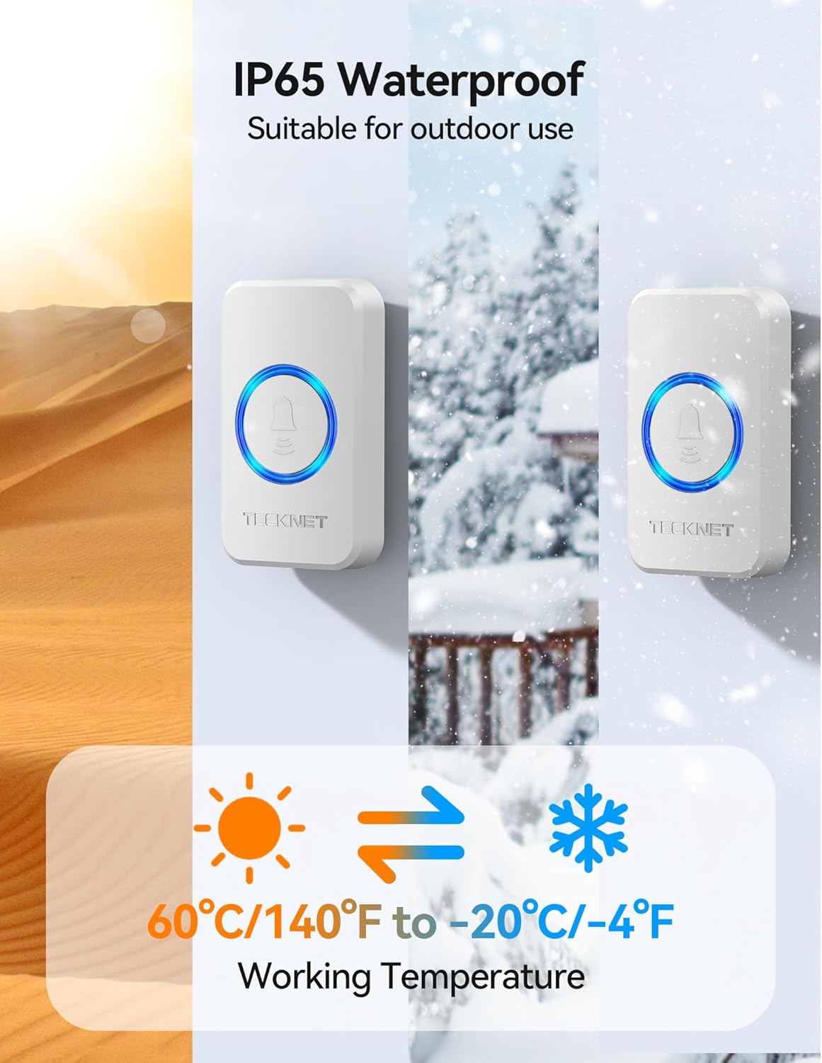 TECKNET Wireless Doorbell with 2 Push Buttons, Cordless IP65 Waterproof Door Bells Chime Kit