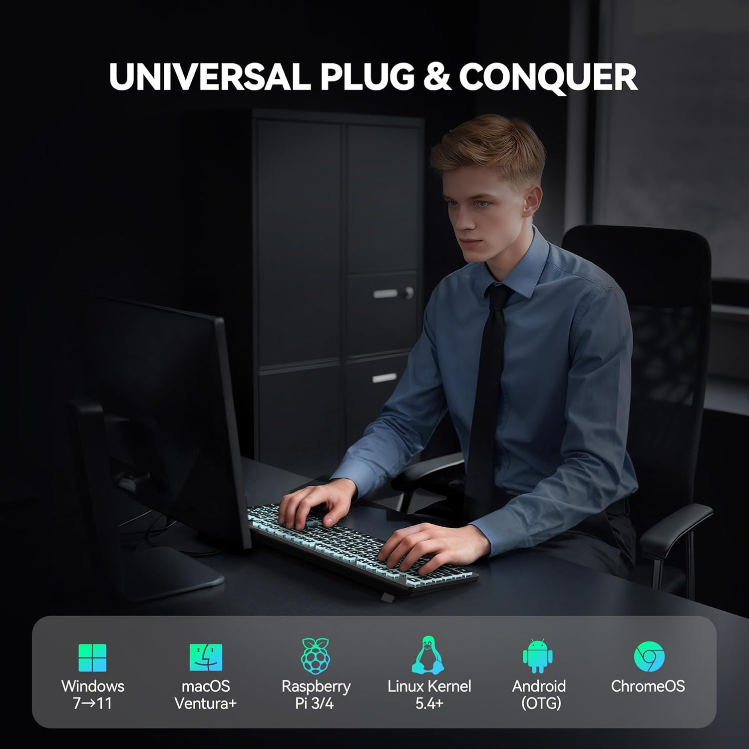 TECKNET Wired USB Keyboard, Backlit 7-Colors & Adjustable