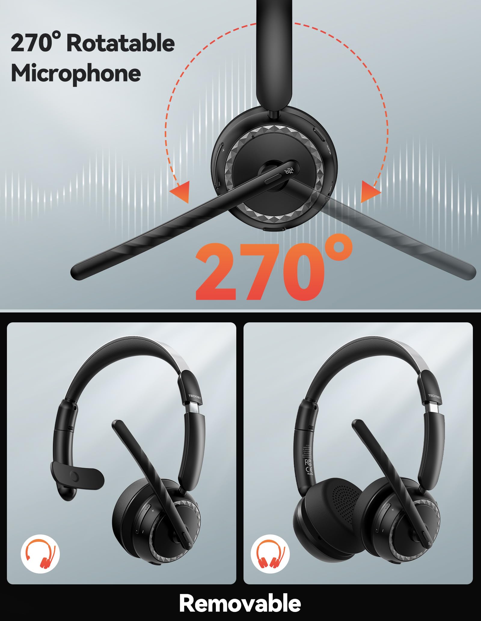 TECKNET Wireless Headset, 5.3 Bluetooth Headset with Noise Cancelling Mic