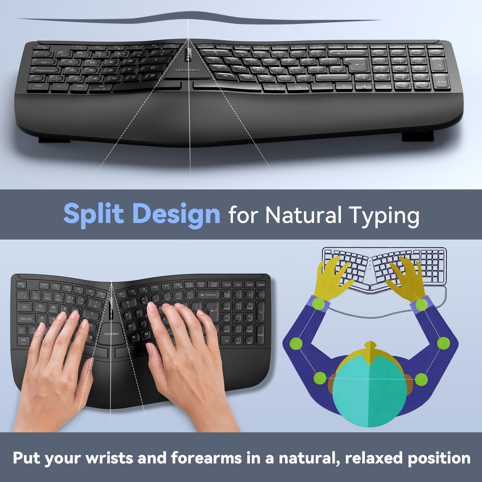 TECKNET Wireless Ergonomic Keyboard, 2.4G USB & Bluetooth Rechargeable Keyboard