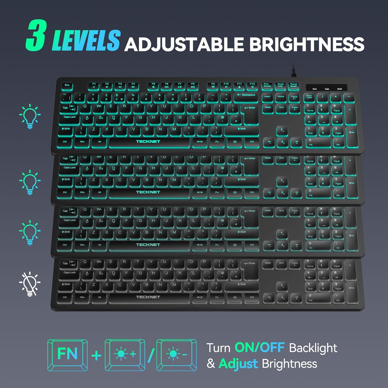 TECKNET Wired USB Keyboard, Backlit 7-Colors & Adjustable