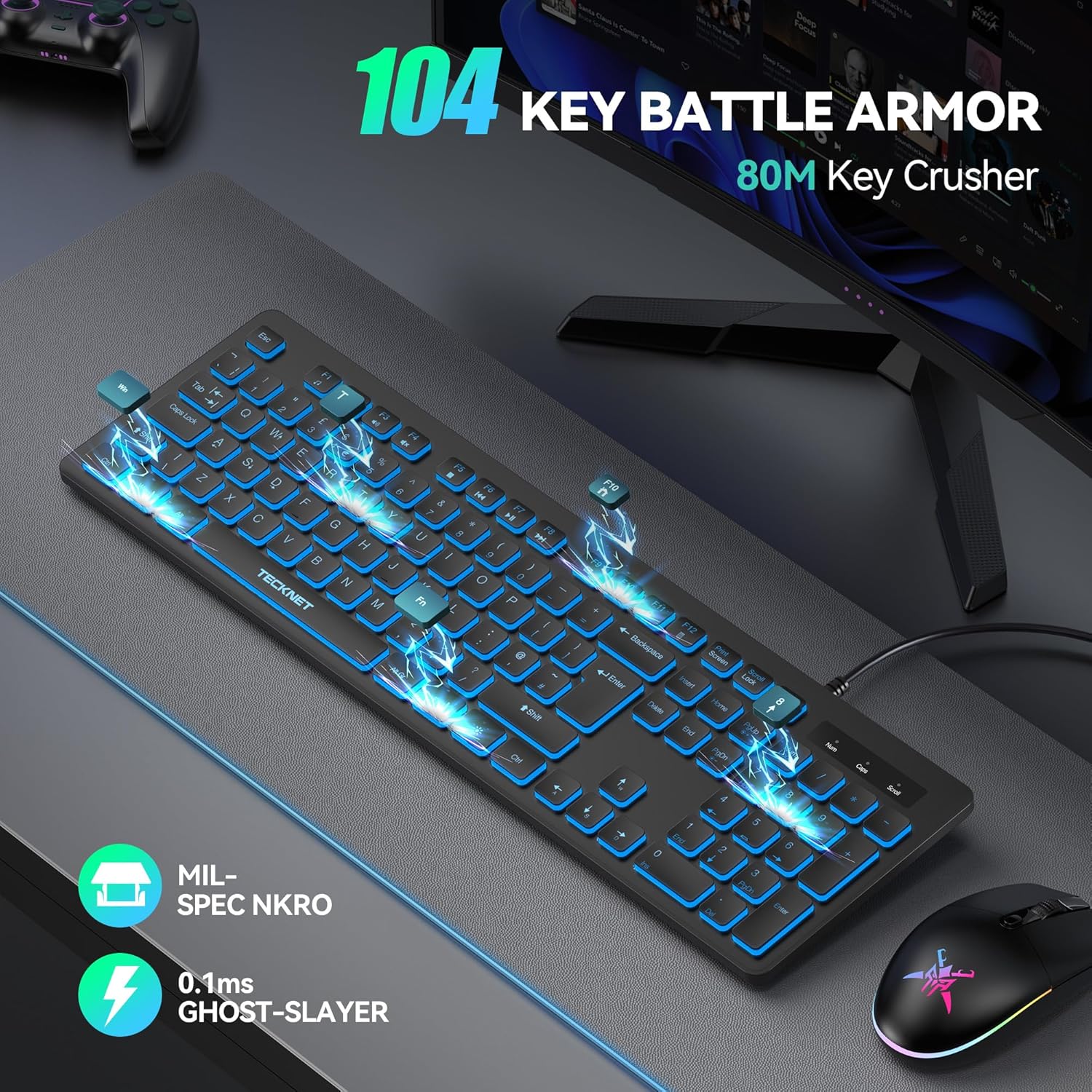 TECKNET Wired USB Keyboard, Backlit 7-Colors & Adjustable