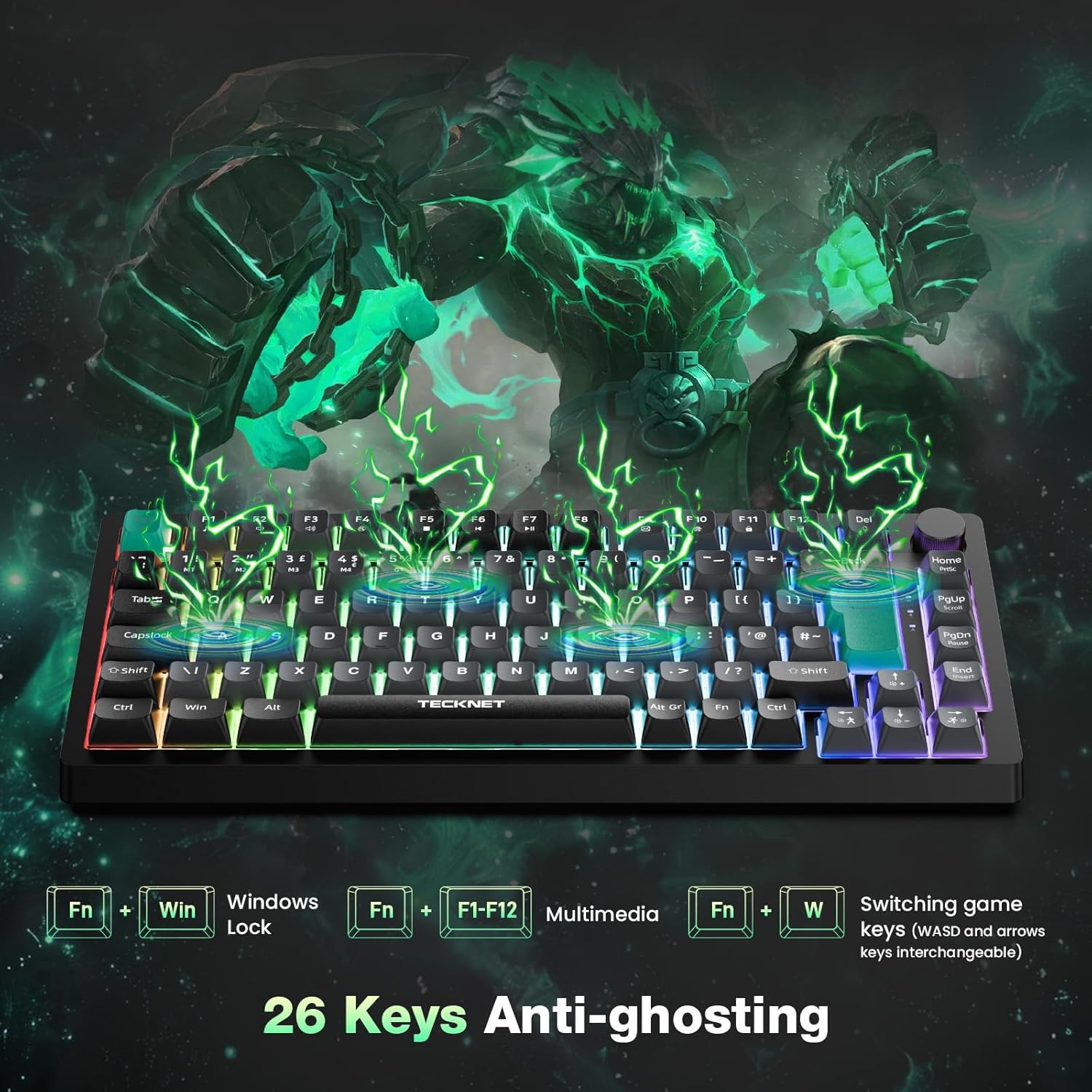 TECKNET RGB Gaming Keyboard,Compact 83 Keys Wired Keyboard with Volumn Knob