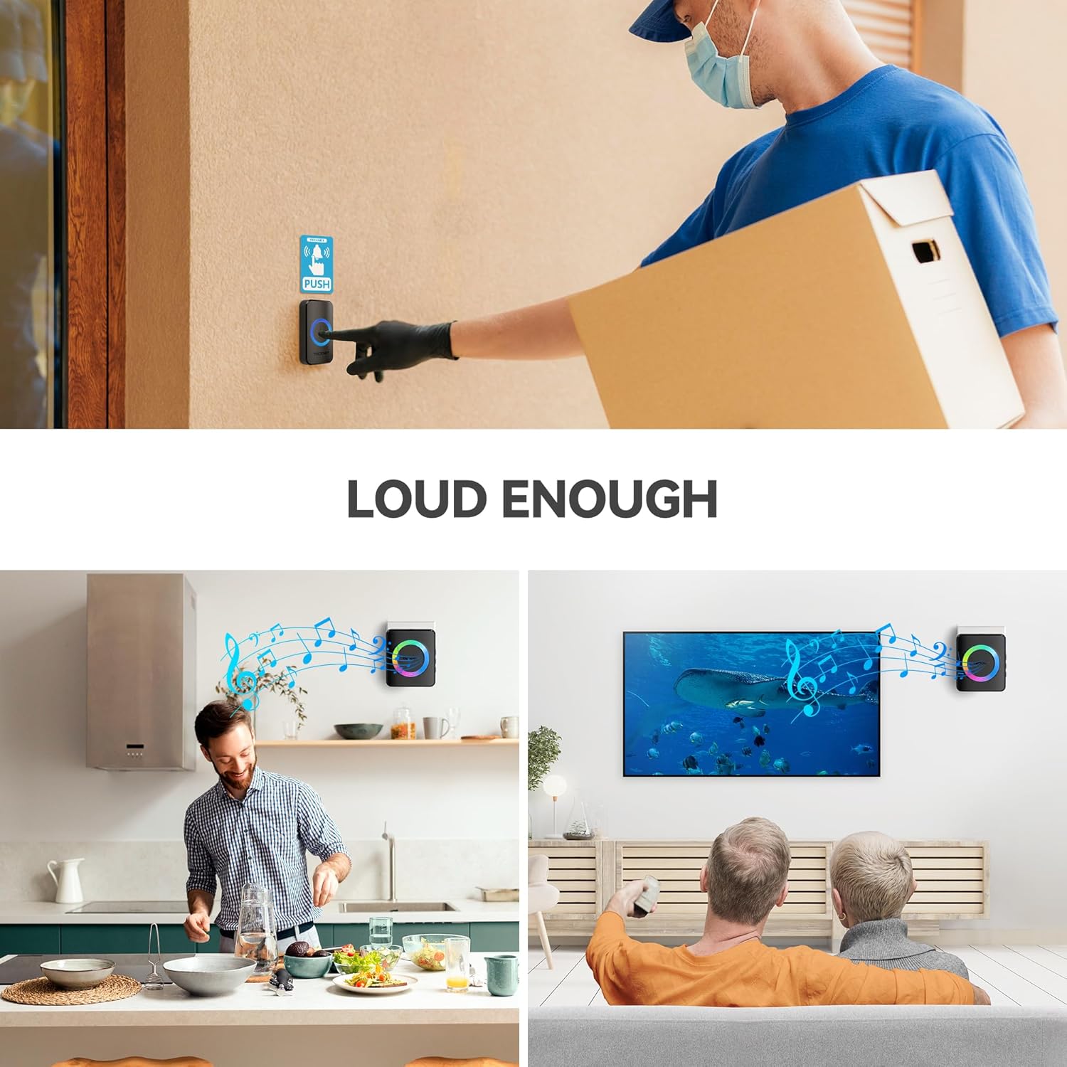 TECKNET Wireless Doorbell with 2 Receivers, 1300ft Long Range IP65 Waterproof Door Bells Wireless Cordless