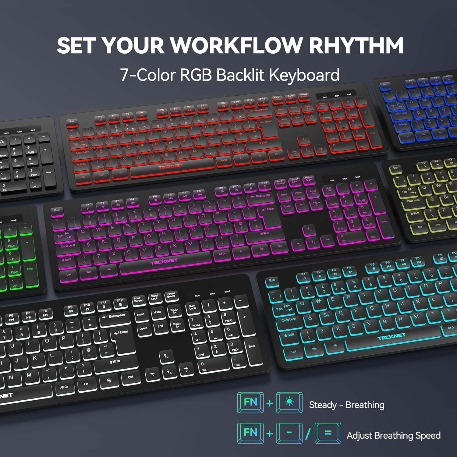 TECKNET Wired USB Keyboard, Backlit 7-Colors & Adjustable