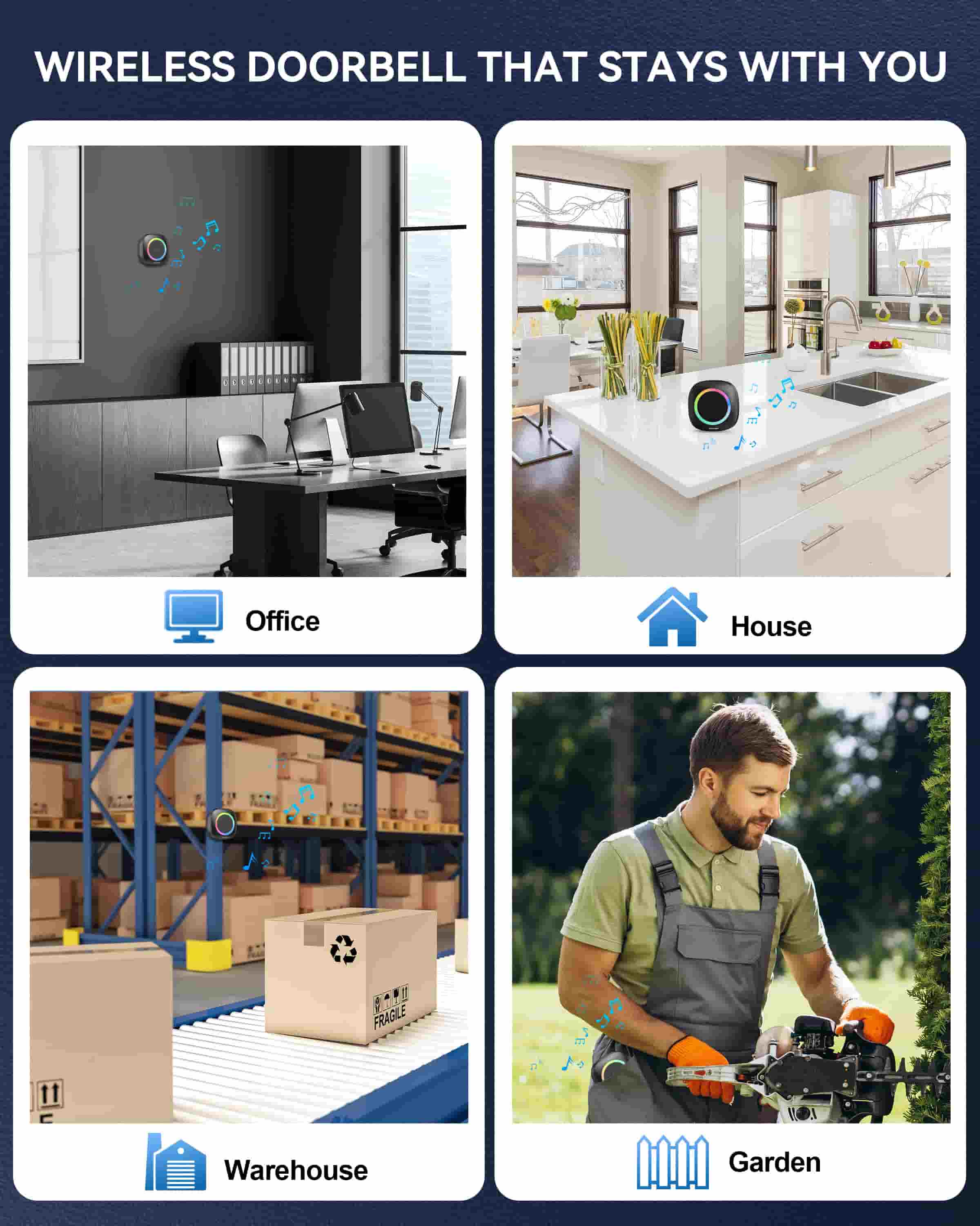 TECKNET Wireless Doorbell with RGB Light, Battery Powered IP66 Waterproof, 400M Wireless Range, 60 Chimes