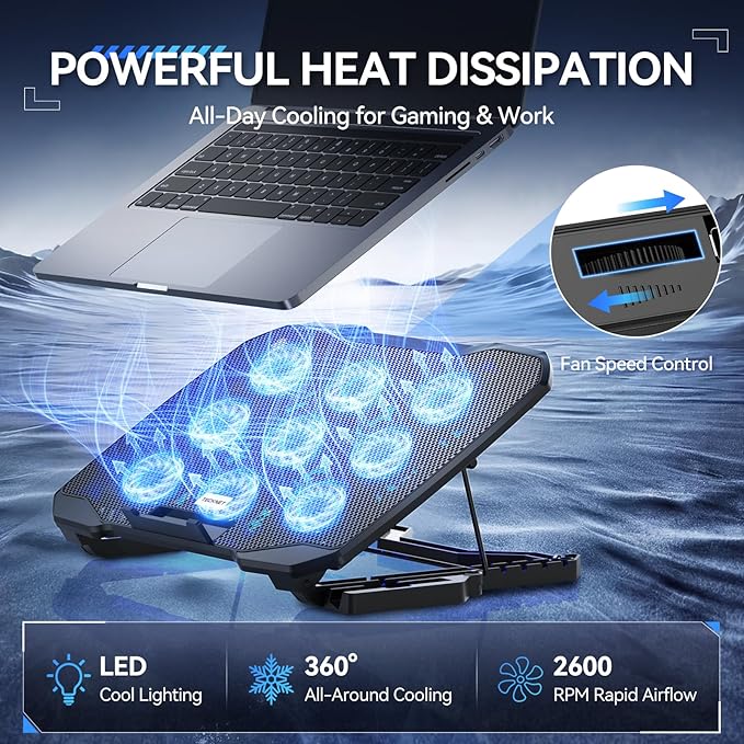 TECKNET Laptop Cooling Pad, Laptop Cooler with 9 Quiet Fans at 2600RPM