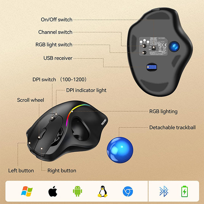 TECKNET Wireless Trackball Mouse, Ergonomic Mouse With Thumb Control