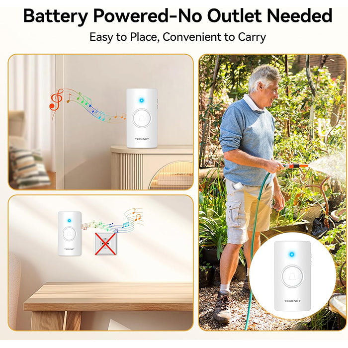 TECKNET Wireless Doorbell IP67 Waterproof Battery-Operated with 2 Buttons