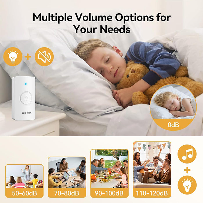 TECKNET Wireless Doorbell IP67 Waterproof Battery-Operated with 2 Buttons