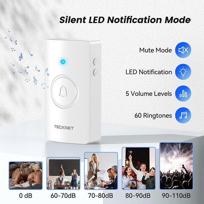 TECKNET Wireless Battery Doorbell, 2 Receivers & 2 Push Buttons, HWD01993