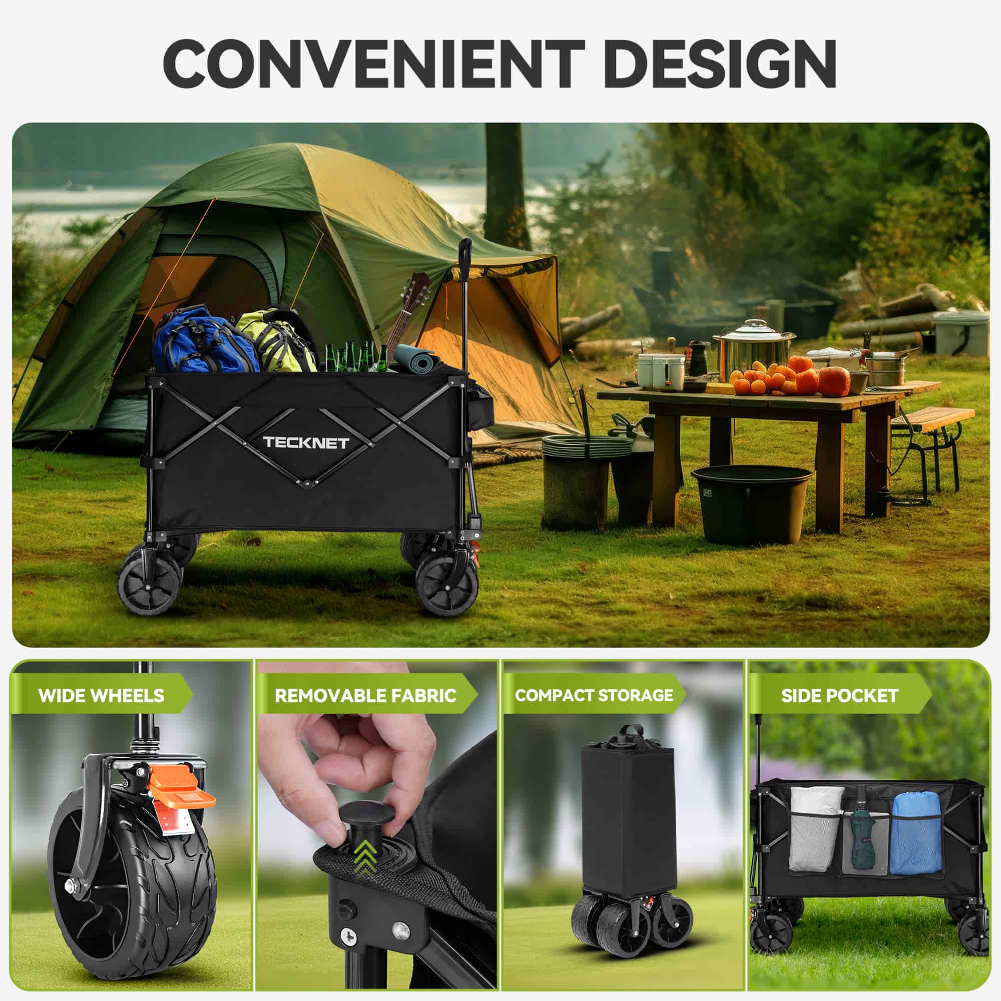 TECKNET Folding Wagon Heavy Duty All-Terrain Collapsible Camping Trolley Cart 180L