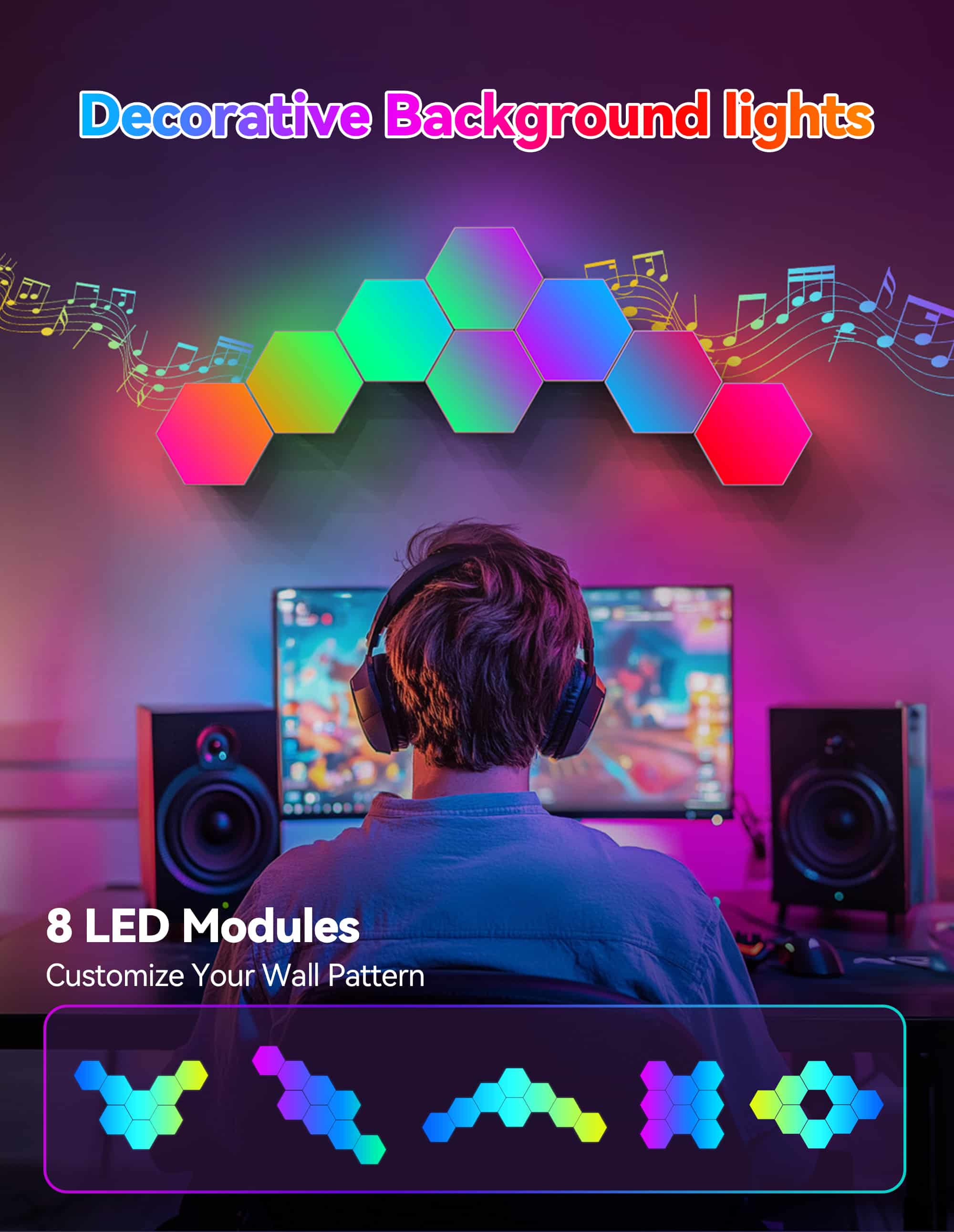 TECKNET Hexagon LED Lights,8 Pack RGB Gaming Hex Wall Light Panels Sync to Music,Smart Lights with APP & Remote & Wired Control