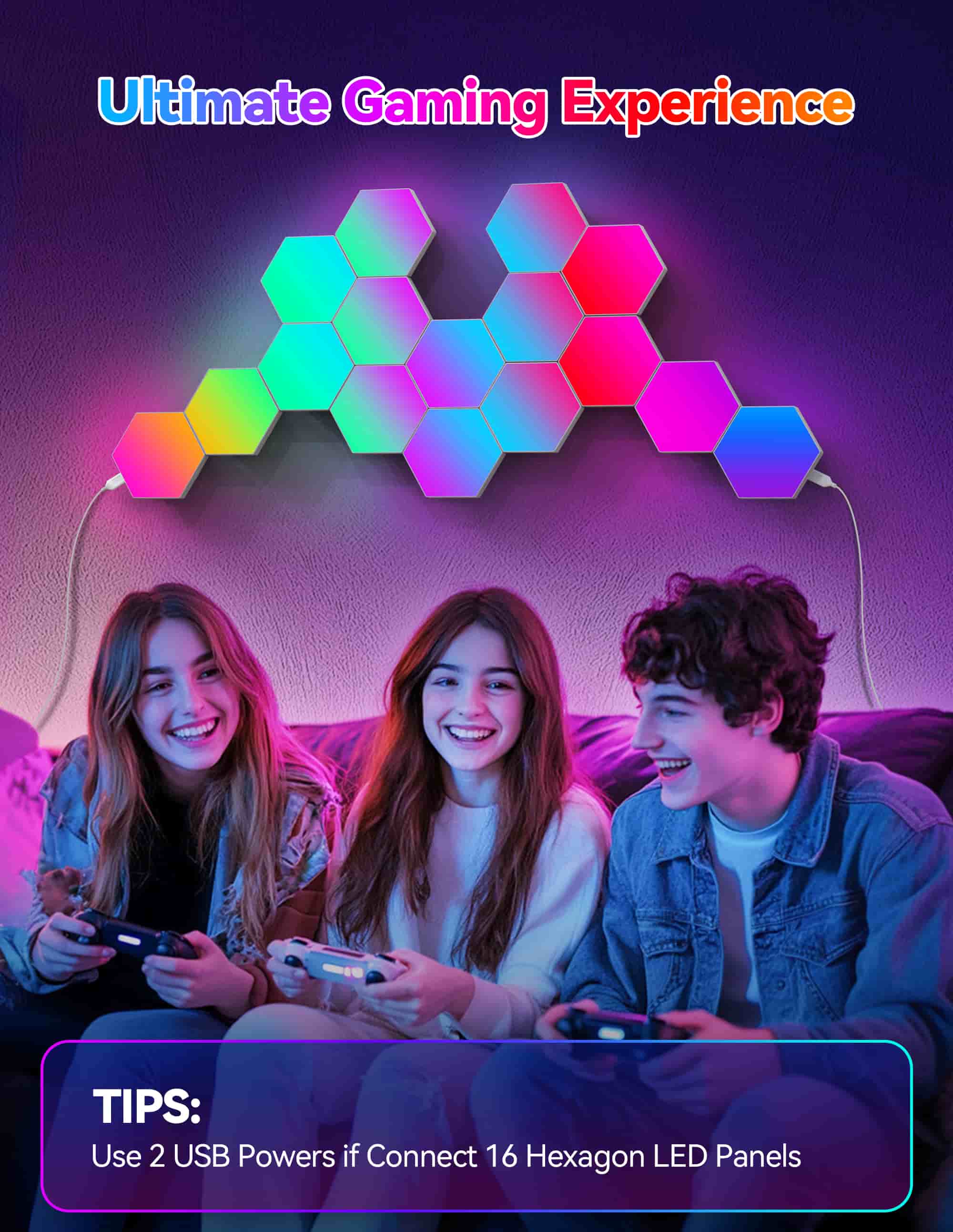 TECKNET Hexagon LED Lights,8 Pack RGB Gaming Hex Wall Light Panels Sync to Music,Smart Lights with APP & Remote & Wired Control