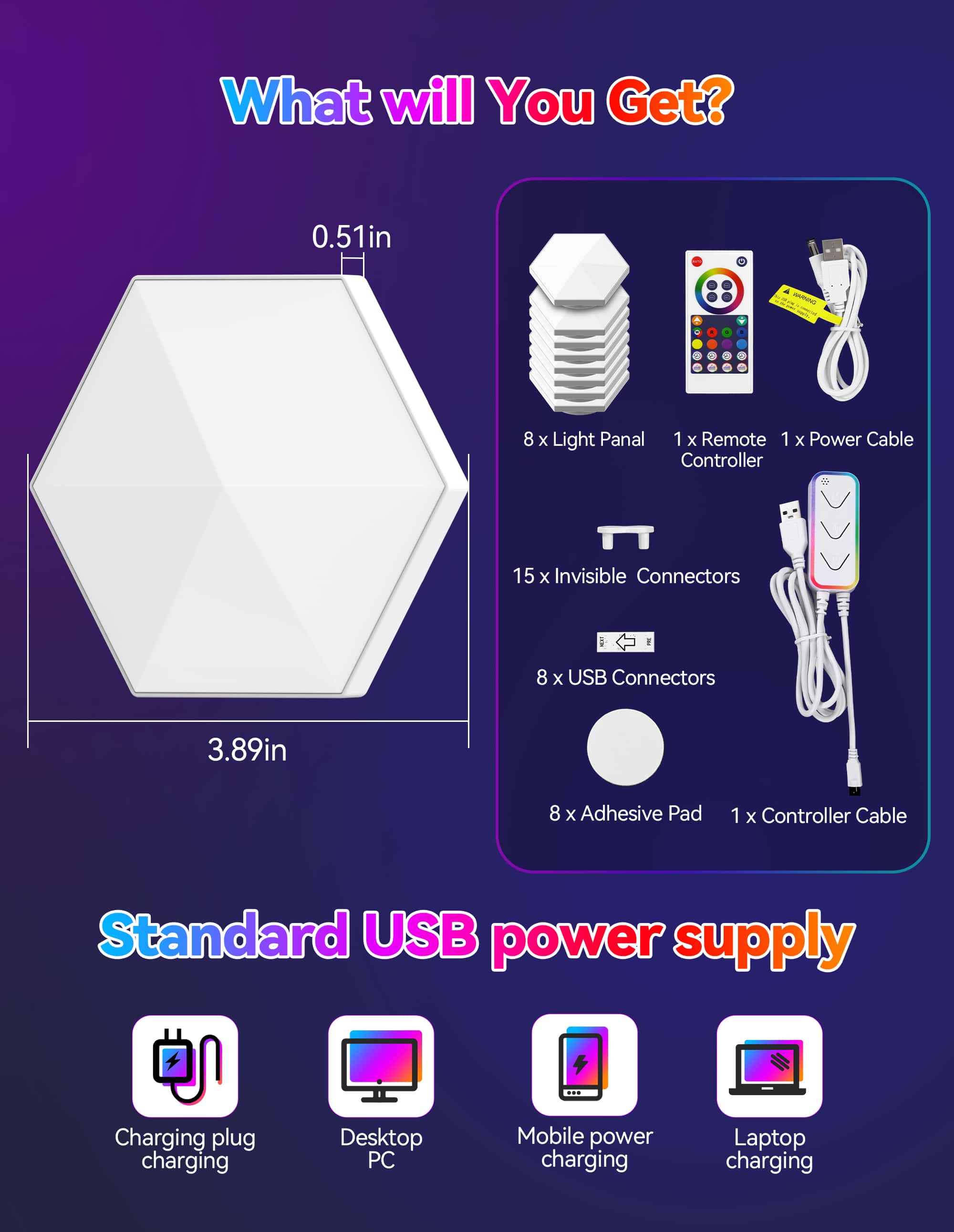 TECKNET Hexagon LED Lights,8 Pack RGB Gaming Hex Wall Light Panels Sync to Music,Smart Lights with APP & Remote & Wired Control