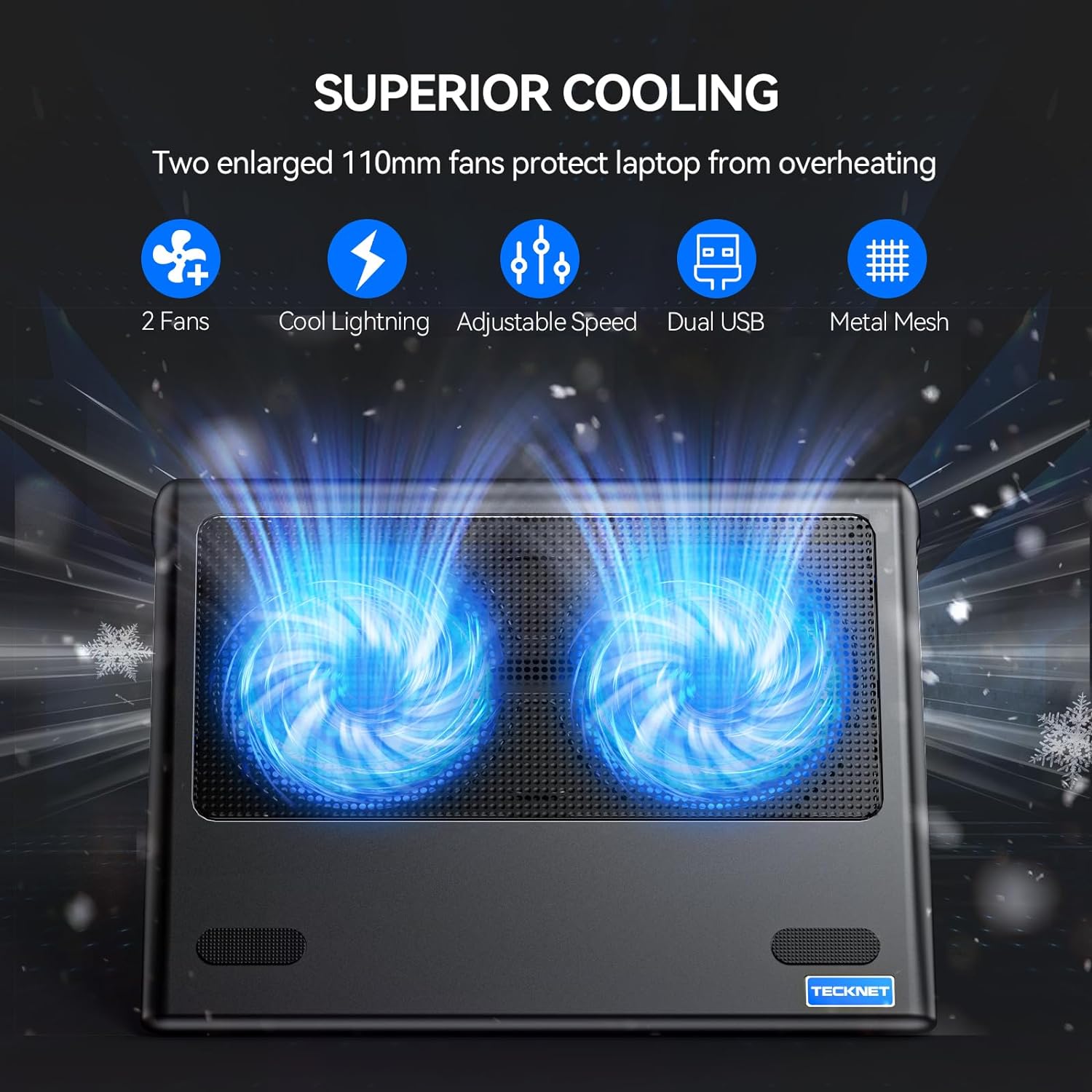 TECKNET N5 Laptop Notebook Cooling Pad with 2 Fans Cooler fits 12"-16"