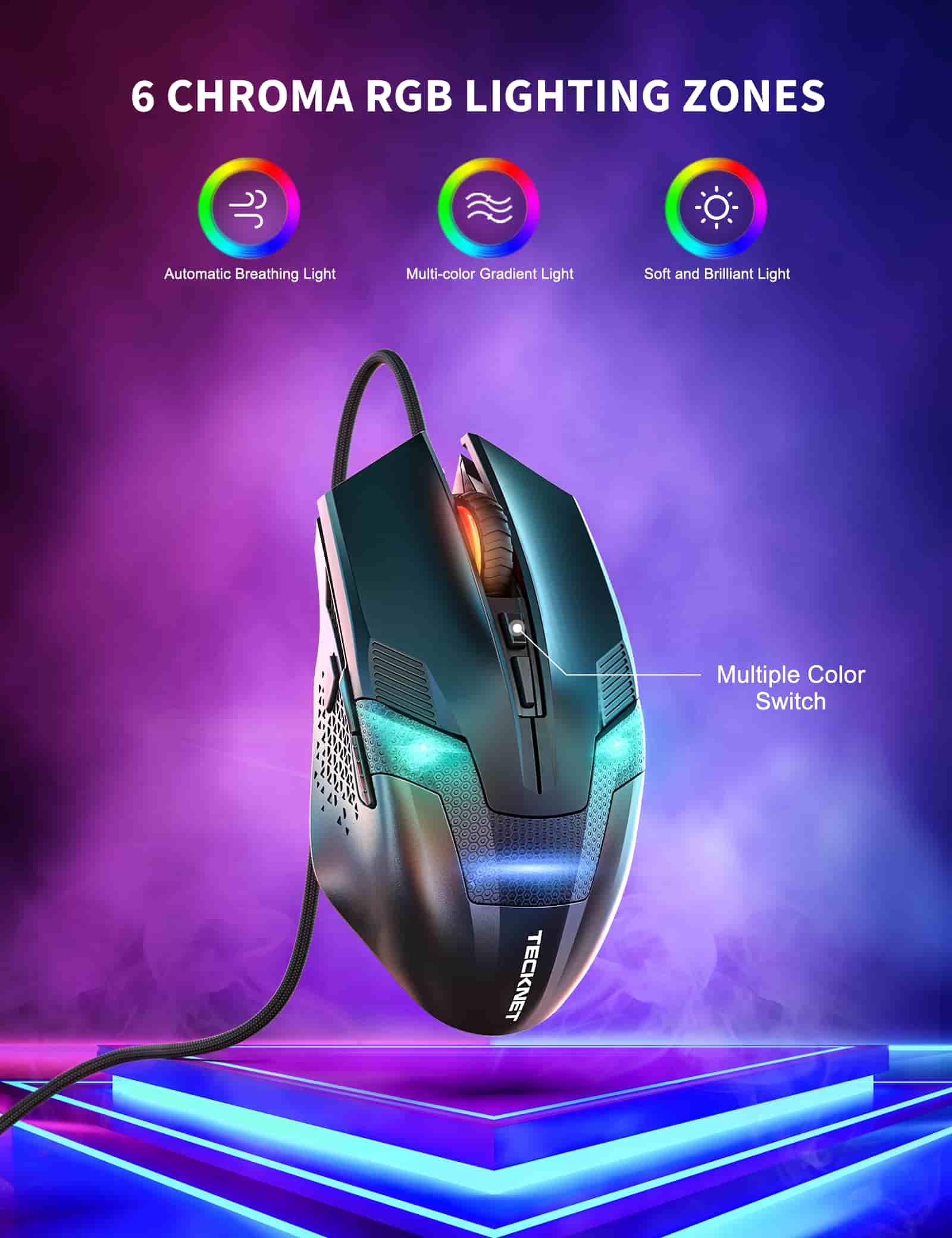 TECKNET RGB Wired Gaming Mouse with 6 Programmable Buttons, 8000 DPI Optical Sensor