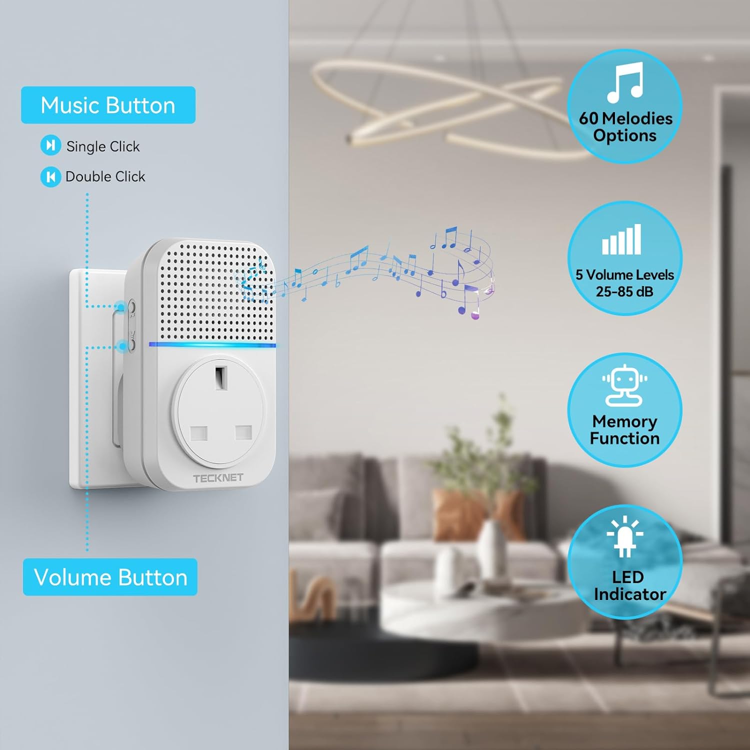 TECKNET Twin Self-Powered Wireless Doorbell Plug in Cordless Door Chime