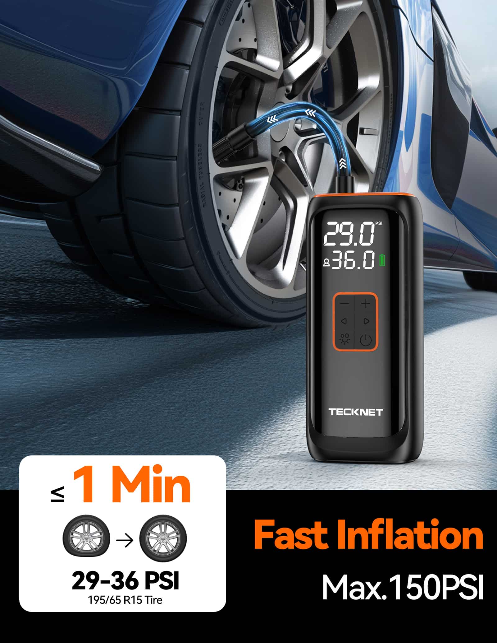 TECKNET Tyre Inflator Portable Air Compressor, 2*2000mAh & 150PSI Electric Air Pump with LED Light