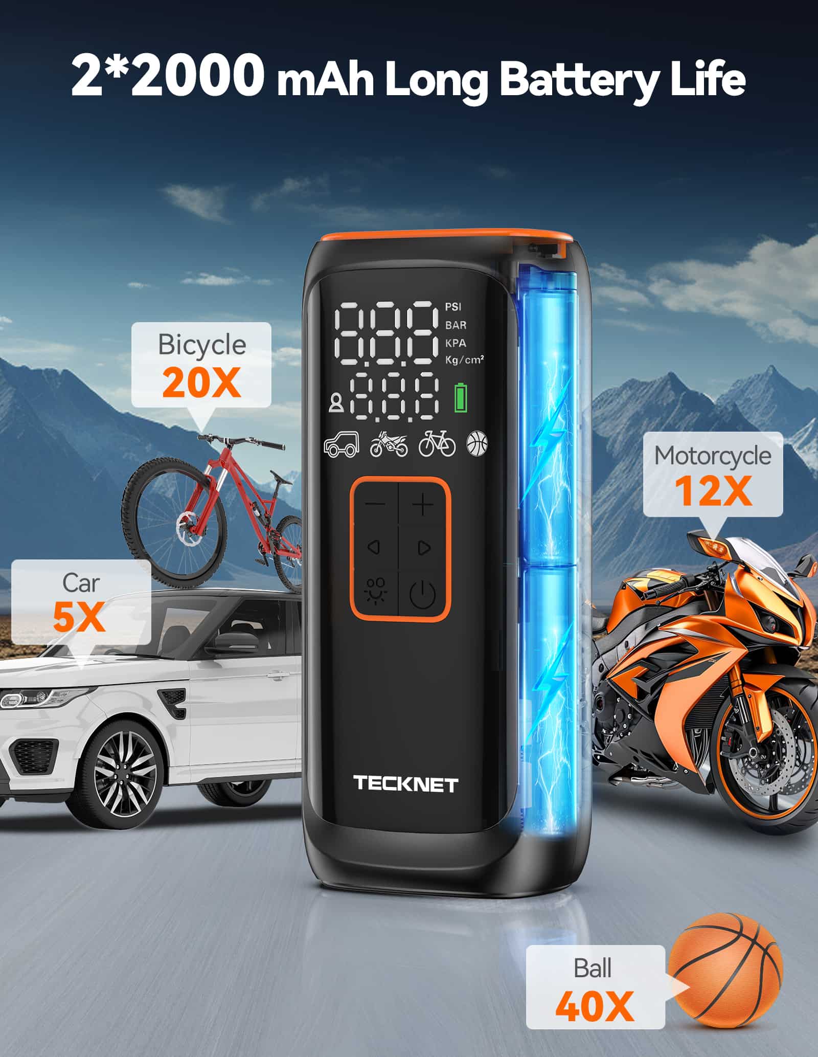 TECKNET Tyre Inflator Portable Air Compressor, 2*2000mAh & 150PSI Electric Air Pump with LED Light