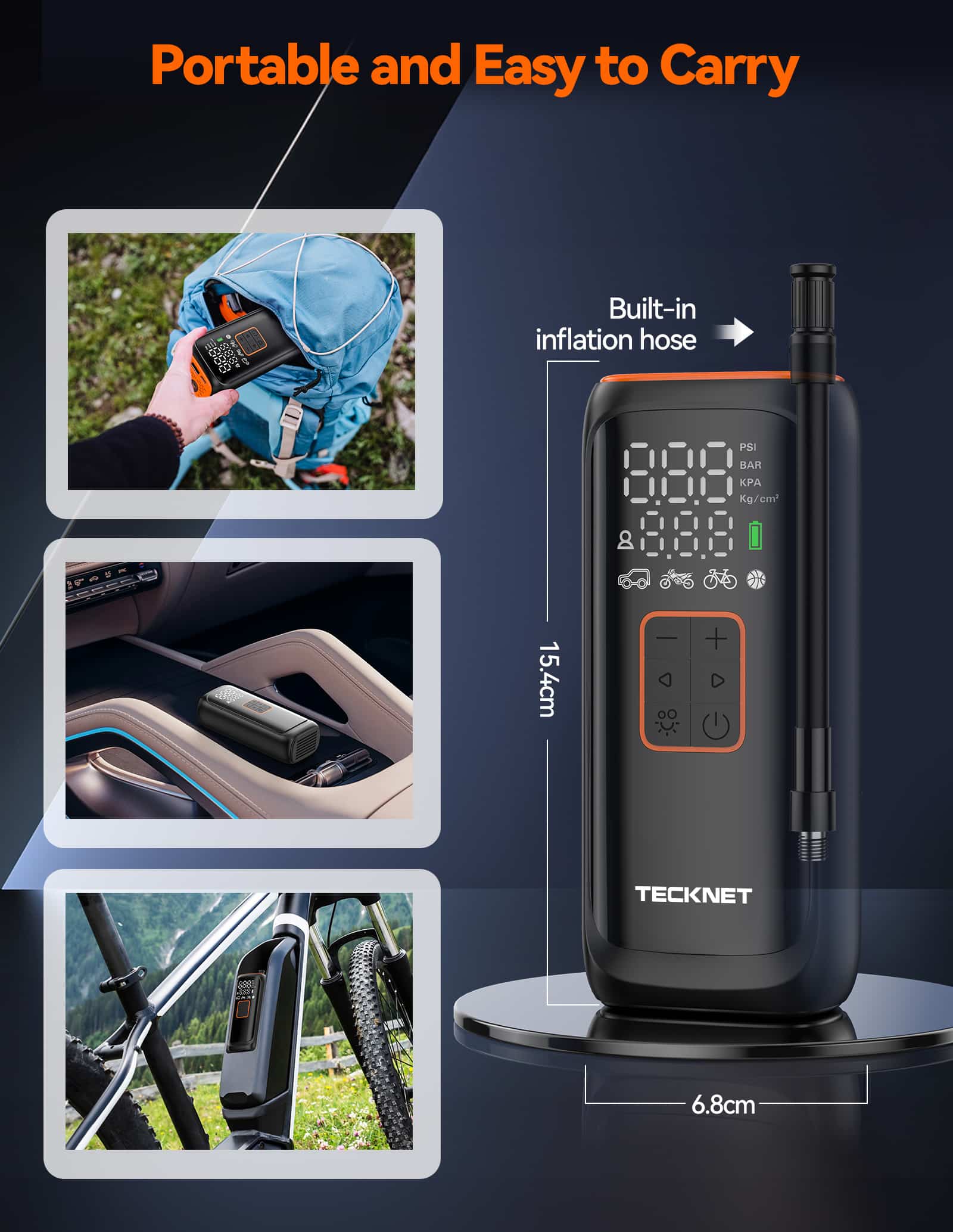 TECKNET Tyre Inflator Portable Air Compressor, 2*2000mAh & 150PSI Electric Air Pump with LED Light