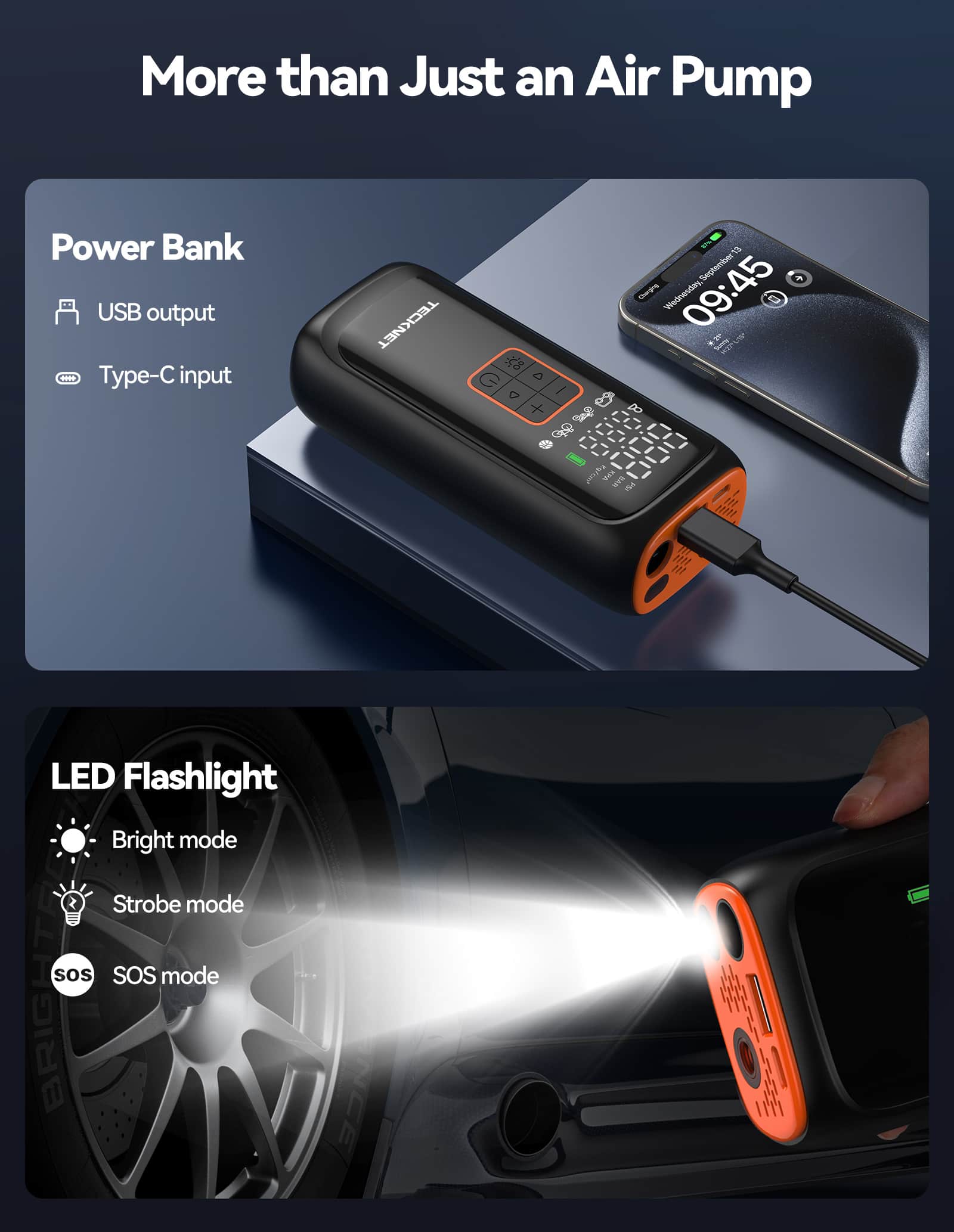 TECKNET Tyre Inflator Portable Air Compressor, 2*2000mAh & 150PSI Electric Air Pump with LED Light