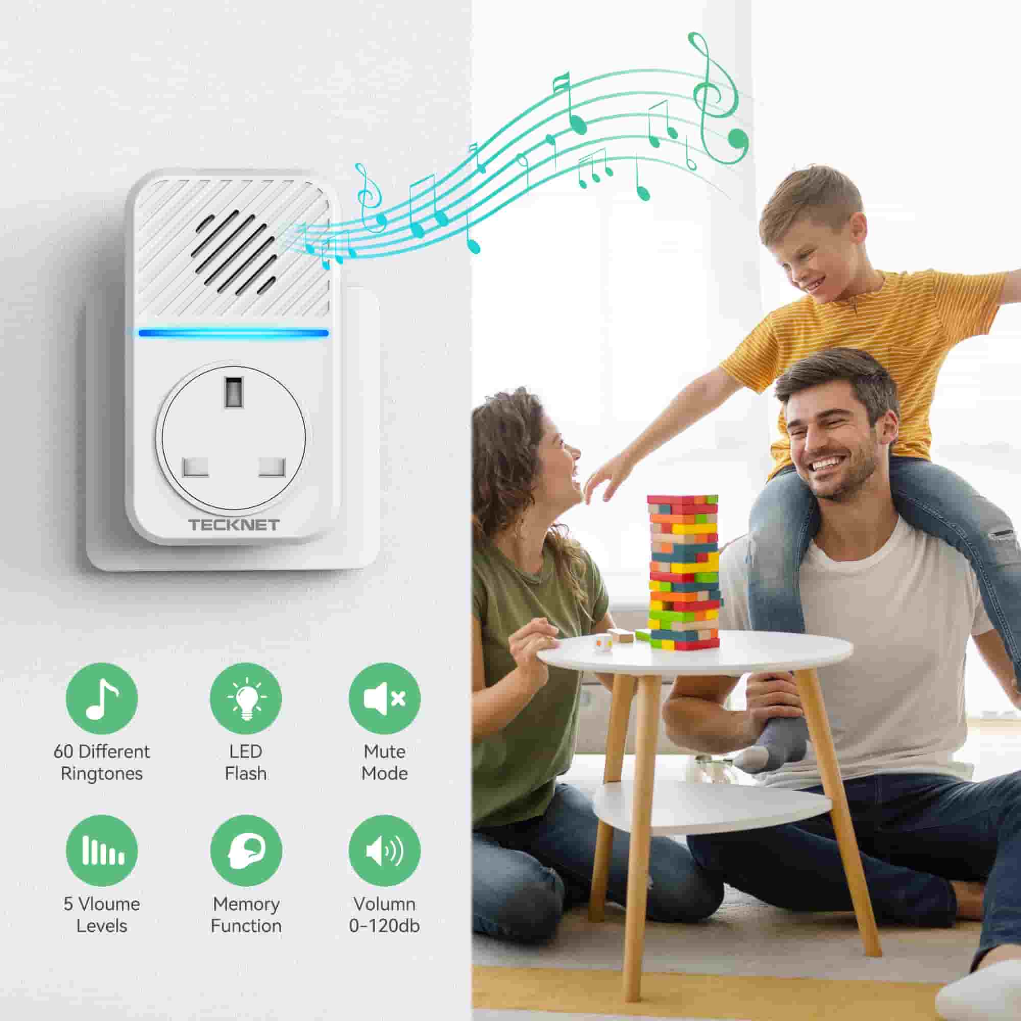 TECKNET Self-Powered Wireless Doorbell with UK Socket and USB