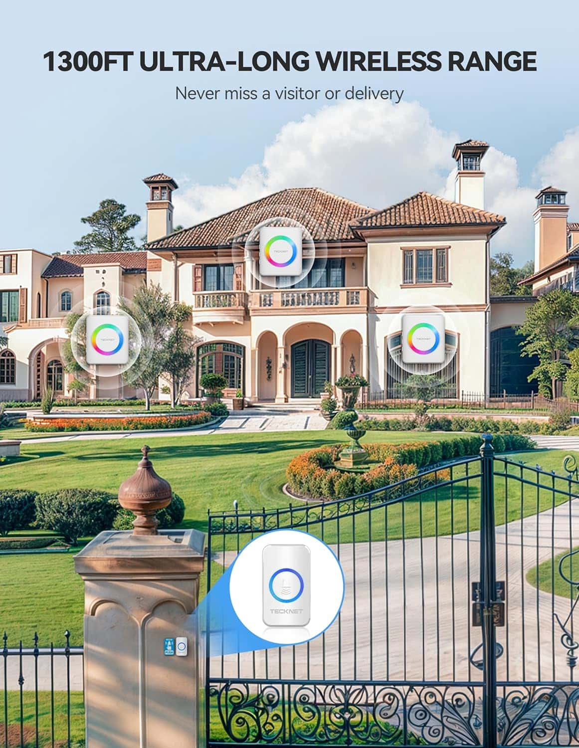 TECKNET Wireless Doorbell 3 Receivers, Door Chime Kit with RGB Light