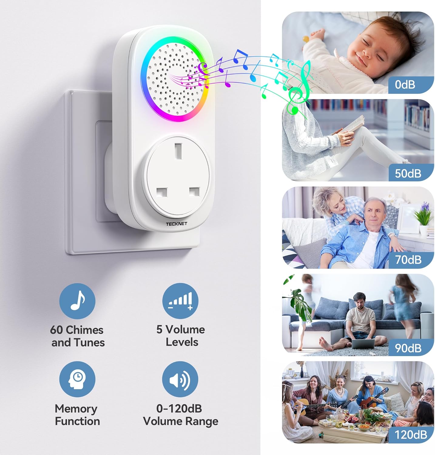 TECKNET Self-Powered Wireless Doorbell with 60 Chimes & 5 Volume Levels