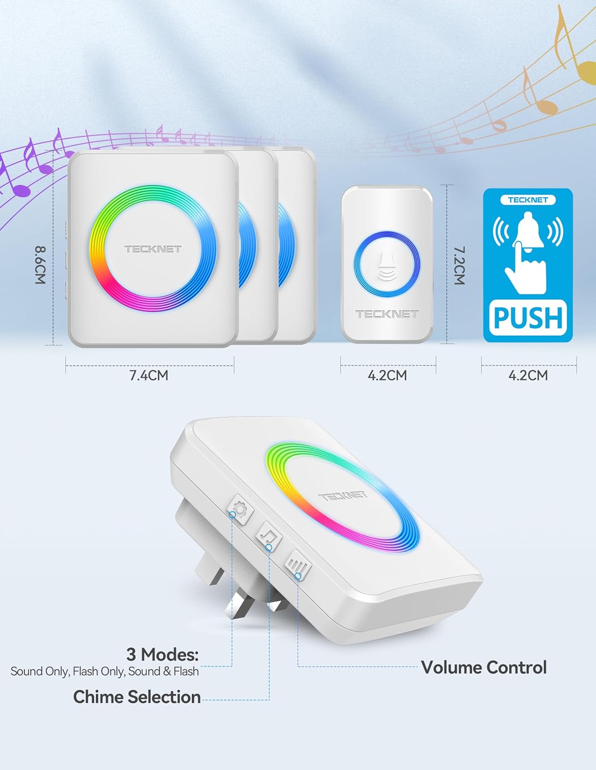 TECKNET Wireless Doorbell 3 Receivers, Door Chime Kit with RGB Light