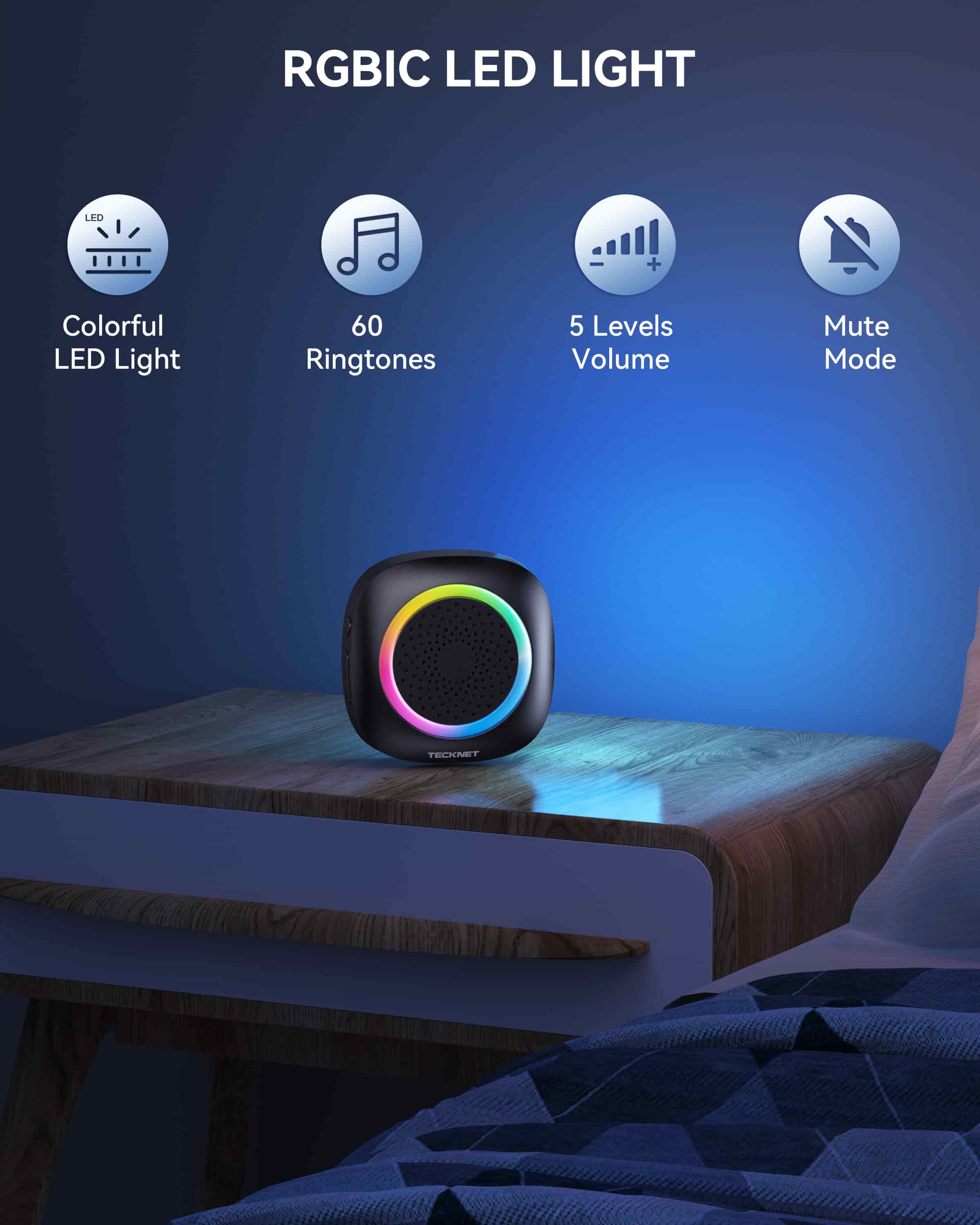 TECKNET Wireless Doorbell with RGB Light, Battery Powered IP66 Waterproof, 400M Wireless Range, 60 Chimes