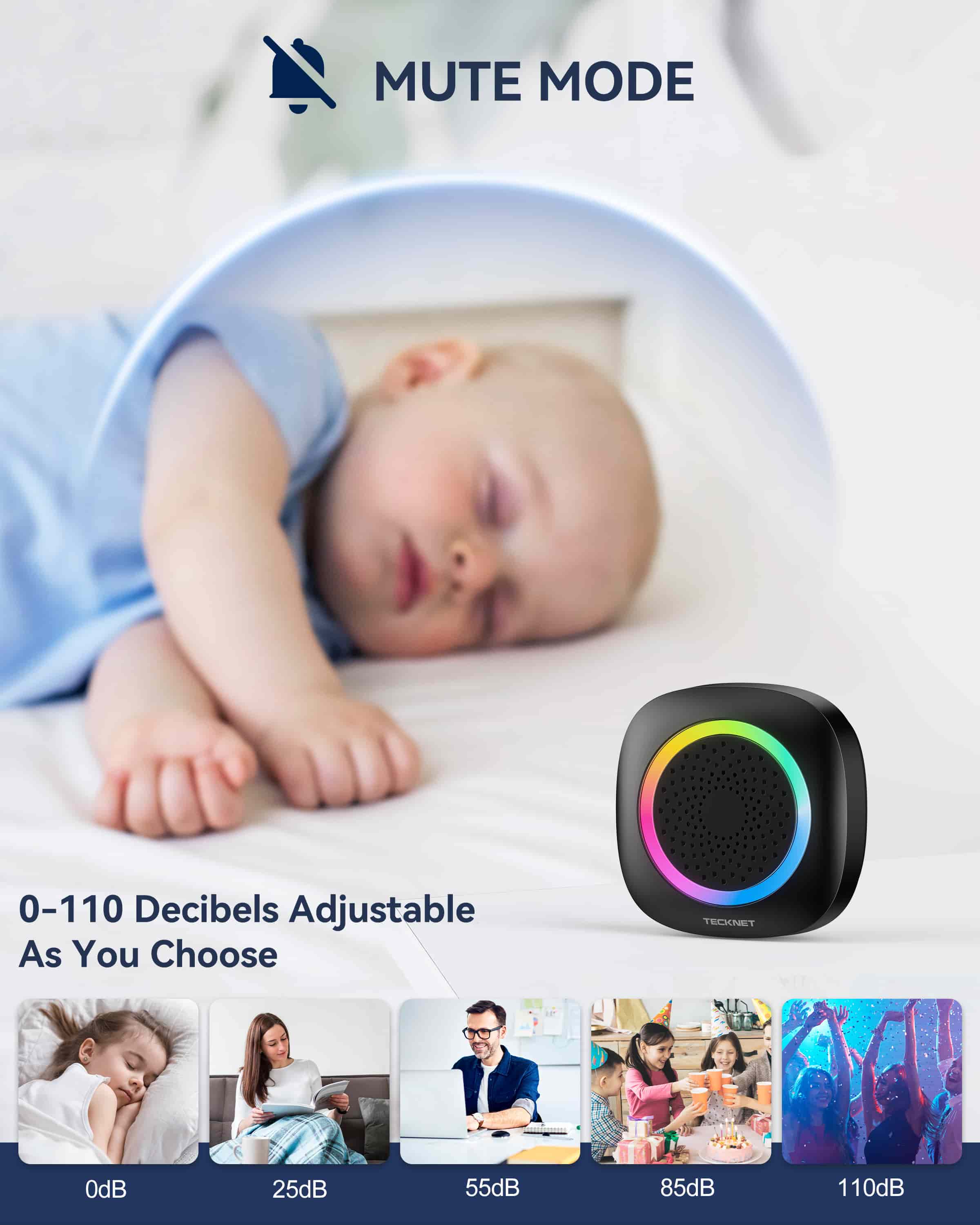 TECKNET Wireless Doorbell with RGB Light, Battery Powered IP66 Waterproof, 400M Wireless Range, 60 Chimes