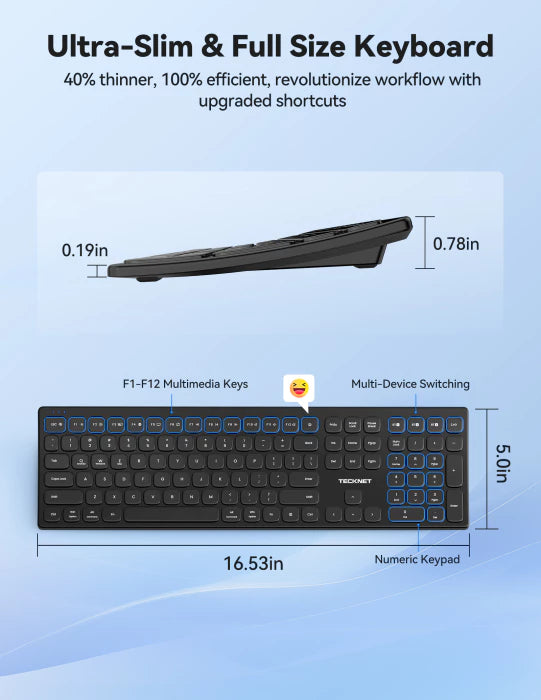 Product dimension chart for TECKNET ultra-slim keyboard showing 16.53in length, 5.0in width, 0.19in to 0.78in thickness, featuring F1-F12 multimedia keys and numeric keypad.